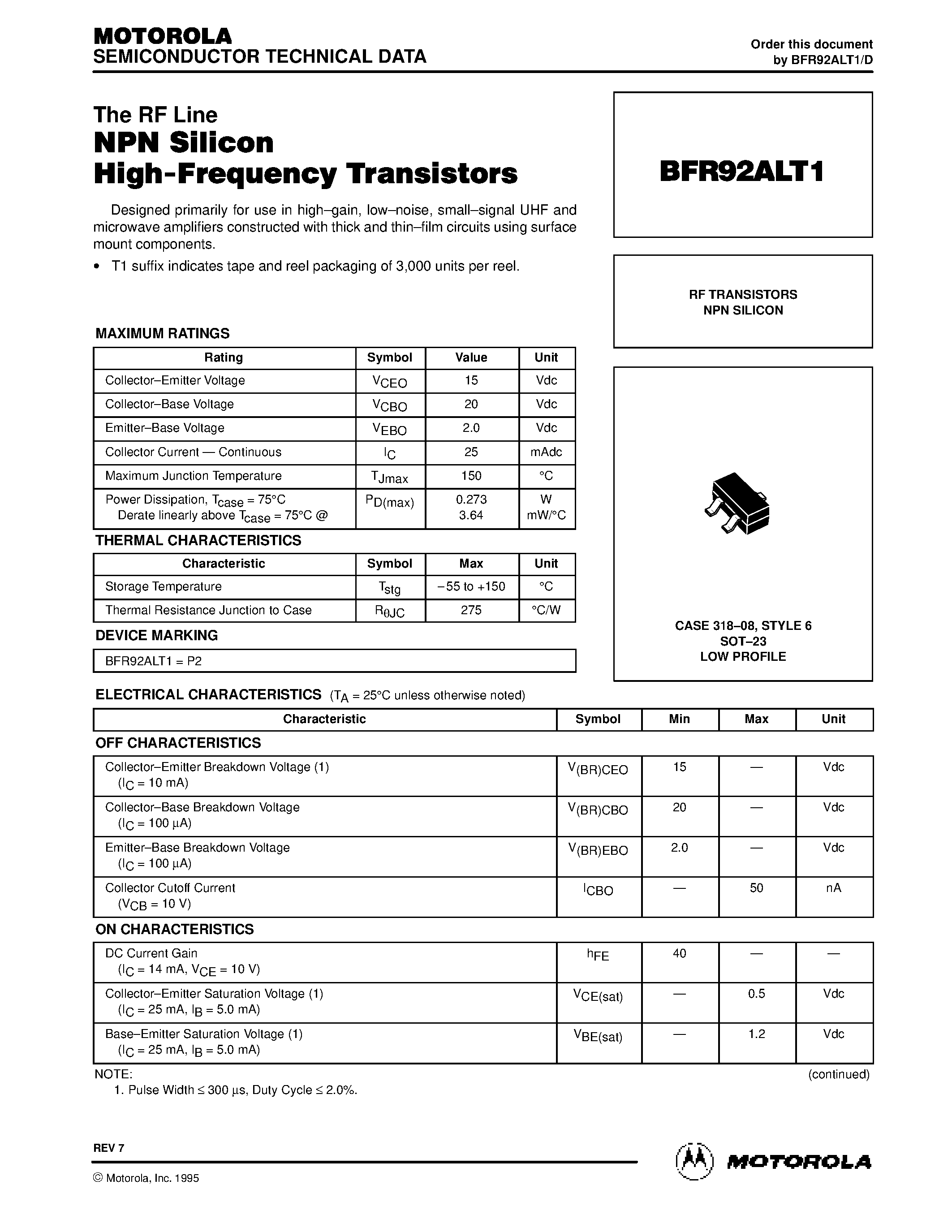 Даташит BFR92ALT1 - RF TRANSISTORS NPN SILICON страница 1