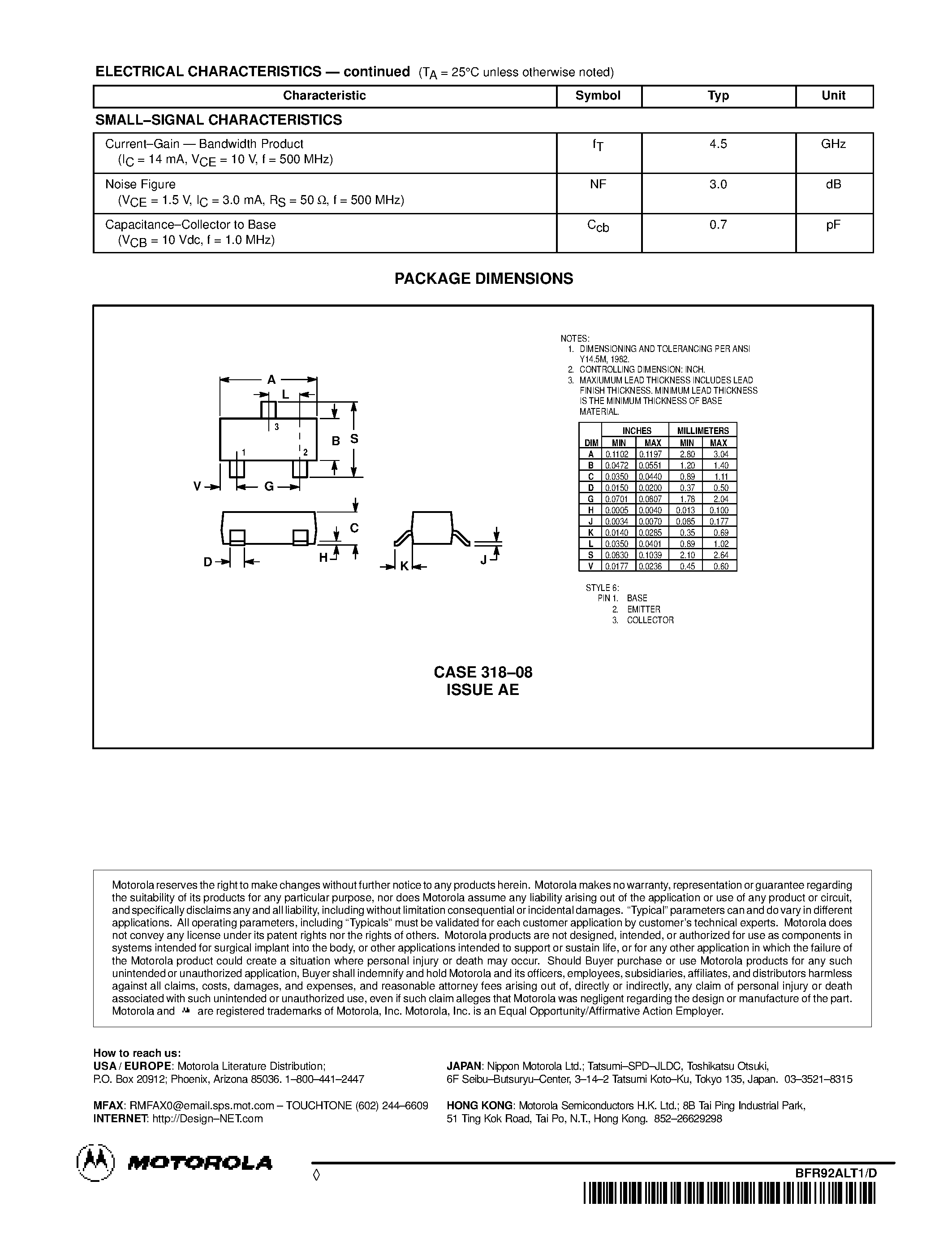 Даташит BFR92ALT1 - RF TRANSISTORS NPN SILICON страница 2