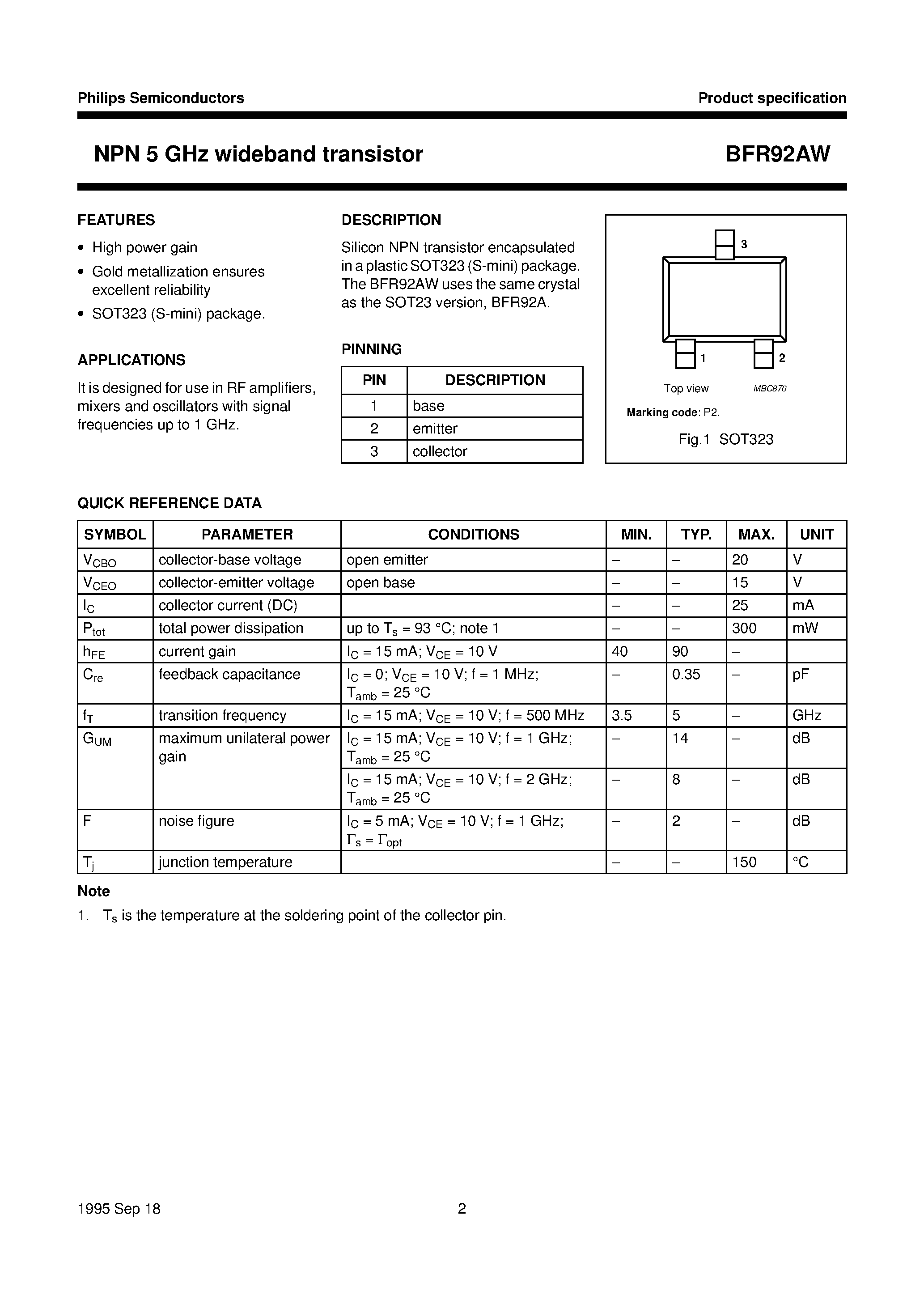 Datasheet BFR92AW - NPN 5 GHz wideband transistor page 2