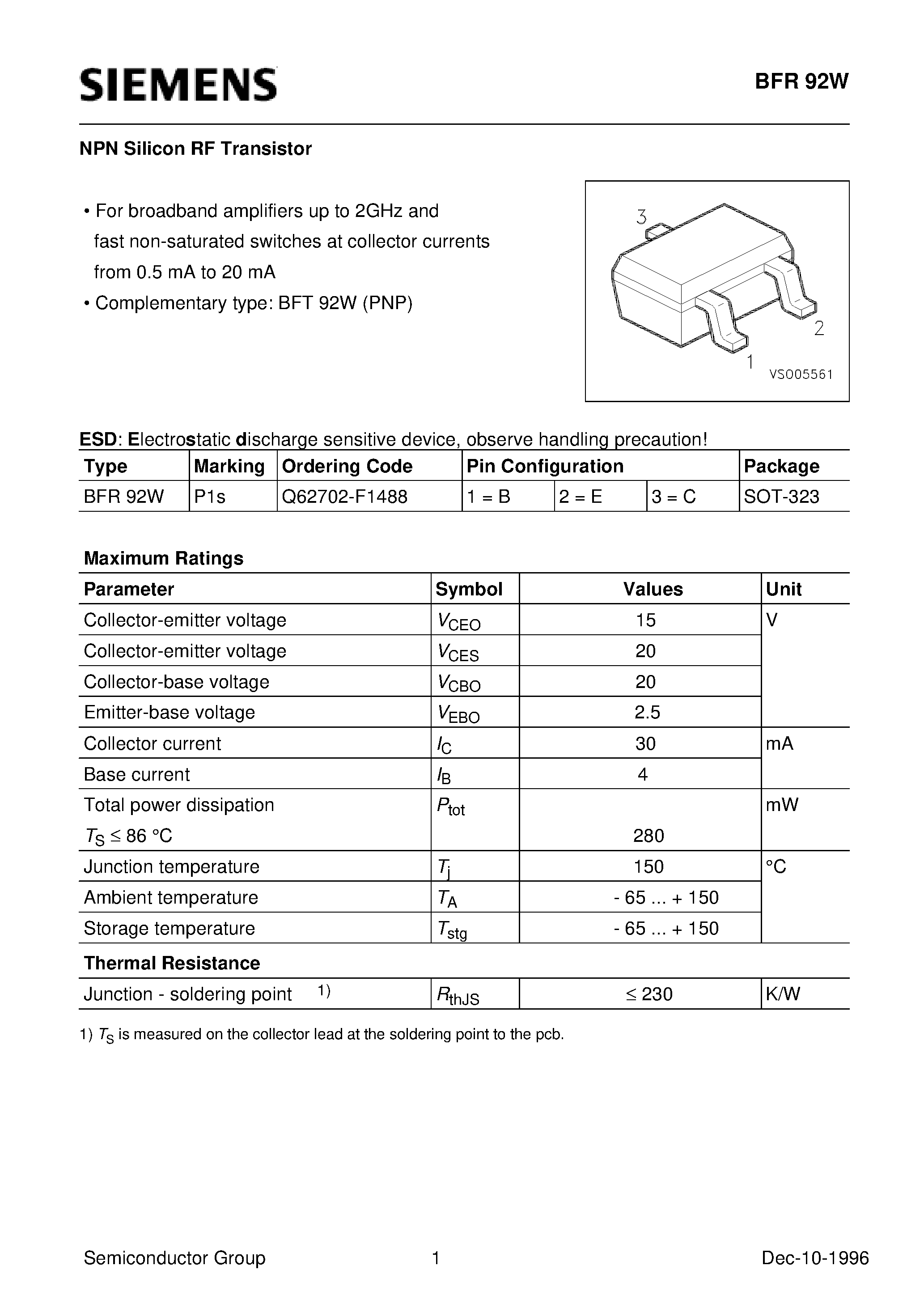 Даташит BFR92W - NPN Silicon RF Transistor (For broadband amplifiers up to 2GHz and fast non-saturated switches at collector currents from 0.5 mA to 20 mA) страница 1