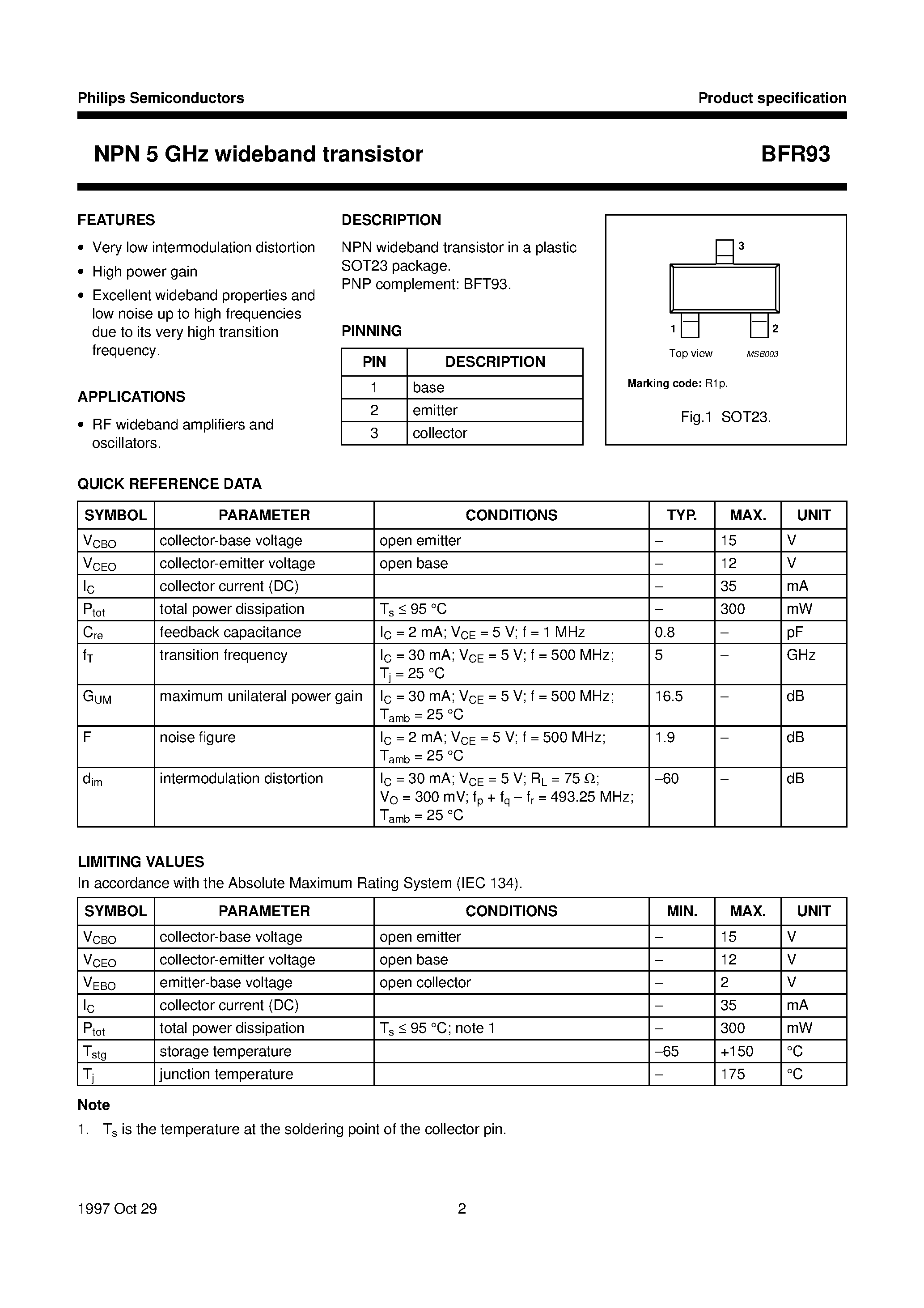 Datasheet BFR93 - NPN 5 GHz wideband transistor page 2