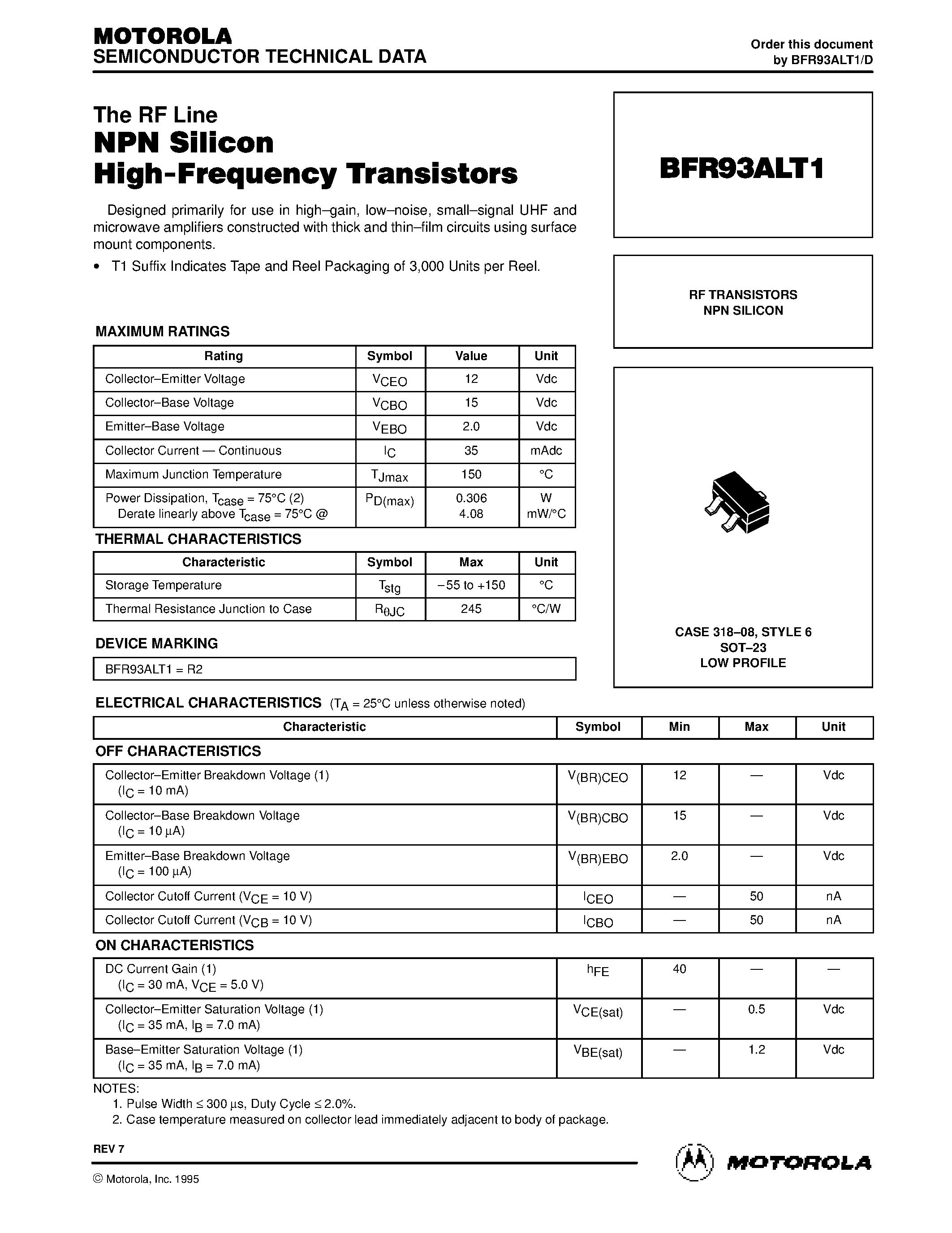 Даташит BFR93ALT1 - RF TRANSISTORS NPN SILICON страница 1