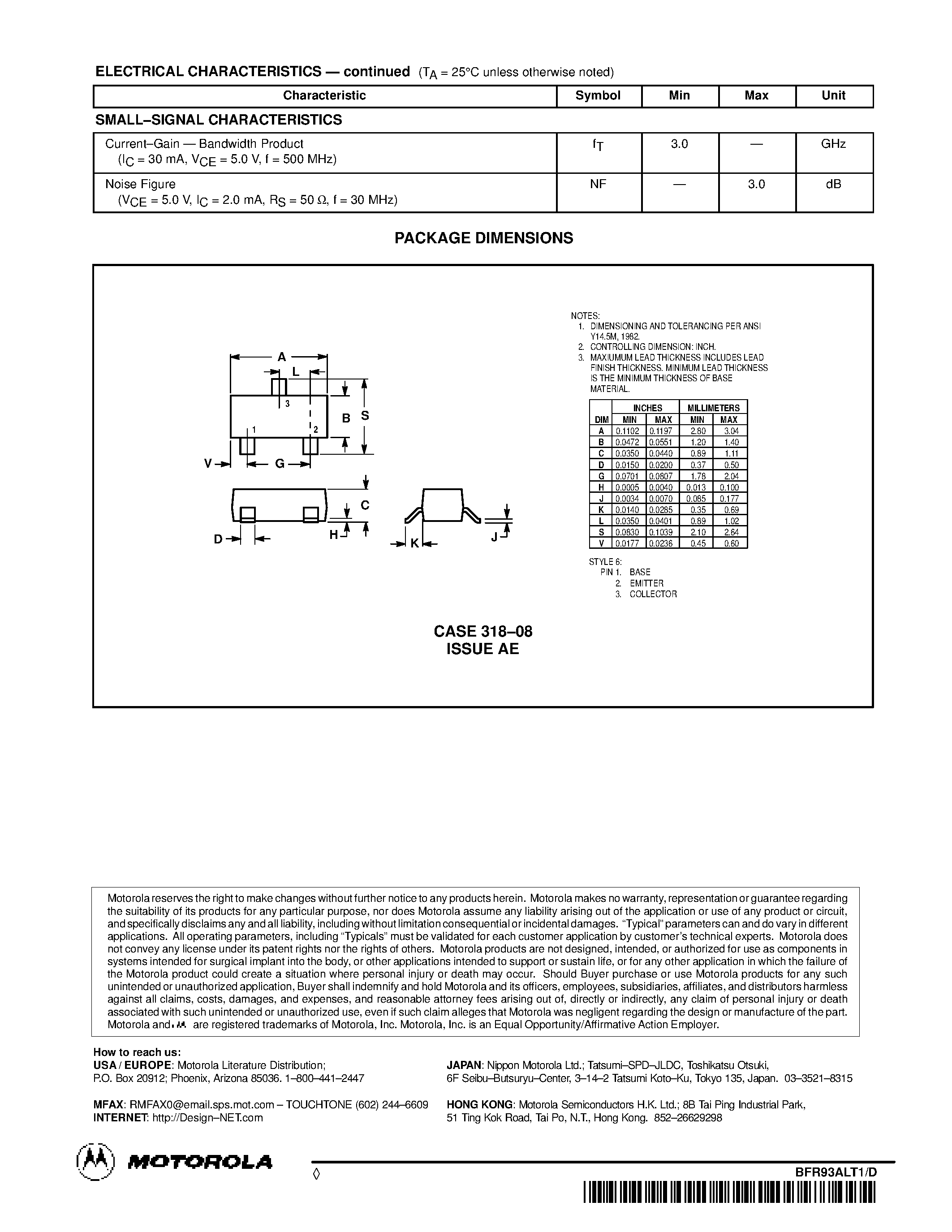 Даташит BFR93ALT1 - RF TRANSISTORS NPN SILICON страница 2