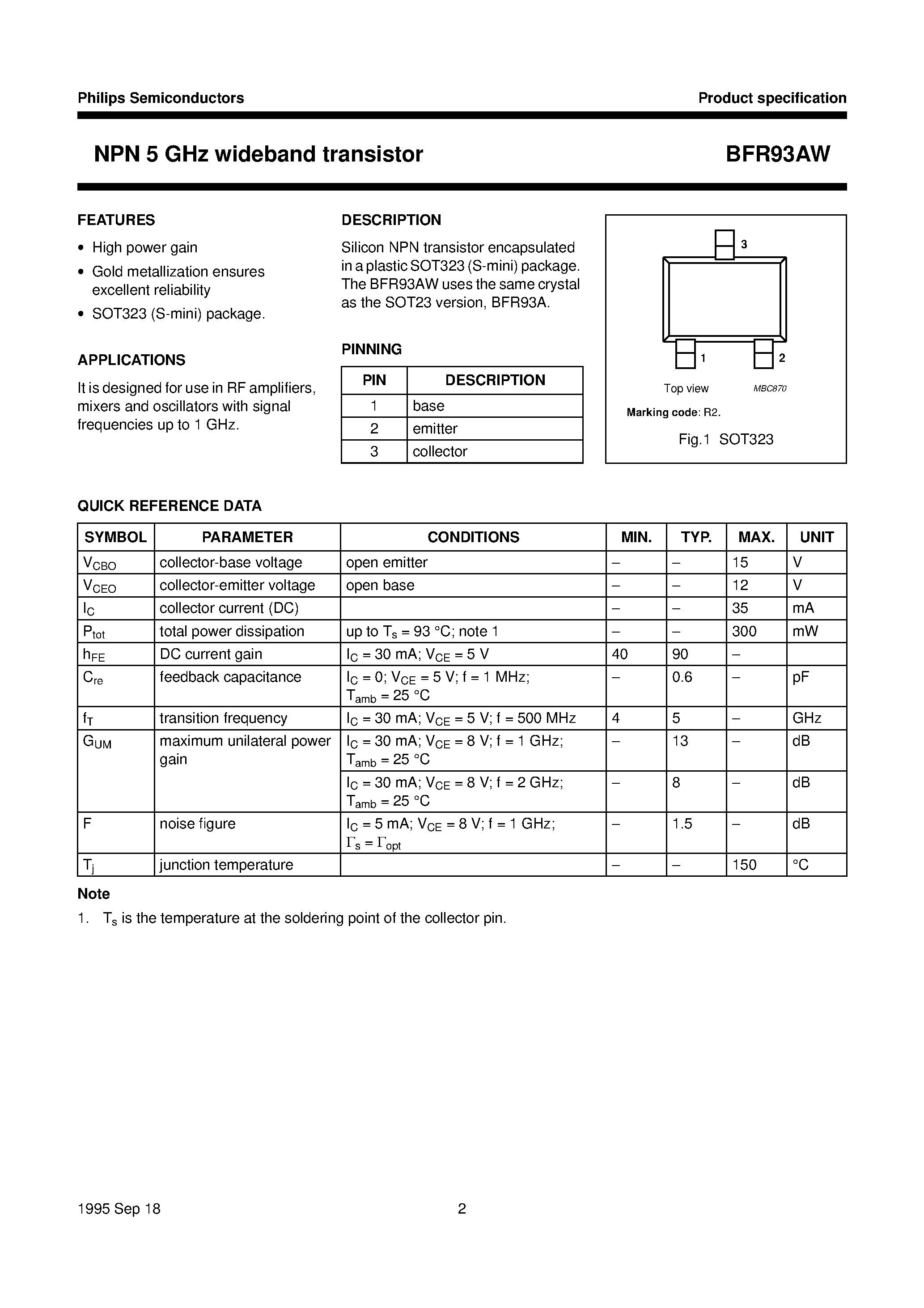 Datasheet BFR93AW - NPN 5 GHz wideband transistor page 2