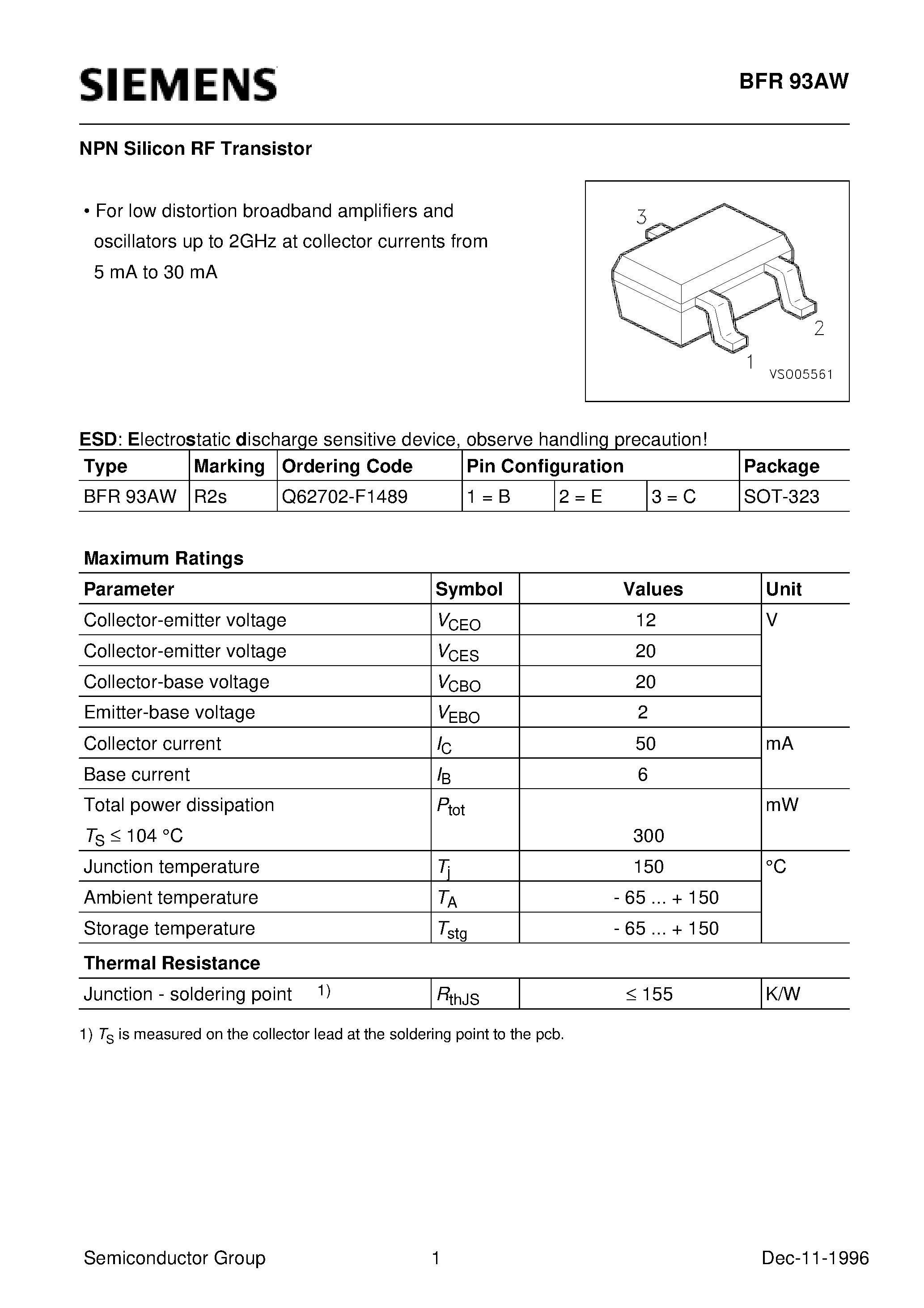 Datasheet BFR93AW - NPN Silicon RF Transistor (For low distortion broadband amplifiers and oscillators up to 2GHz at collector currents from 5 mA to 30 mA) page 1
