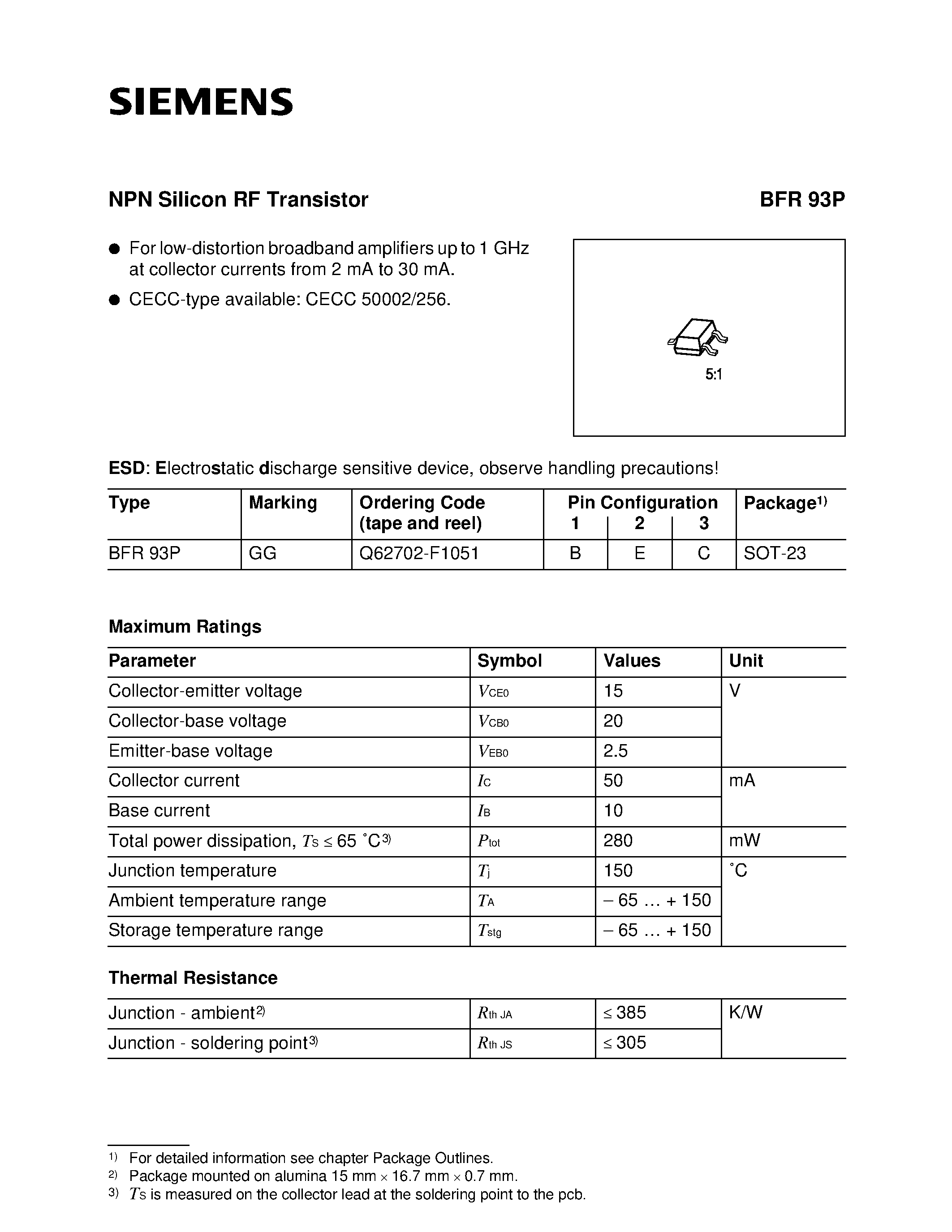 Даташит на микросхему BFR93P страница 1 Даташит BFR93P - NPN Silicon RF Transistor (For low-distortion broadband amplifiers up to 1 GHz at collector currents from 2 mA to 30 mA.) страница 1