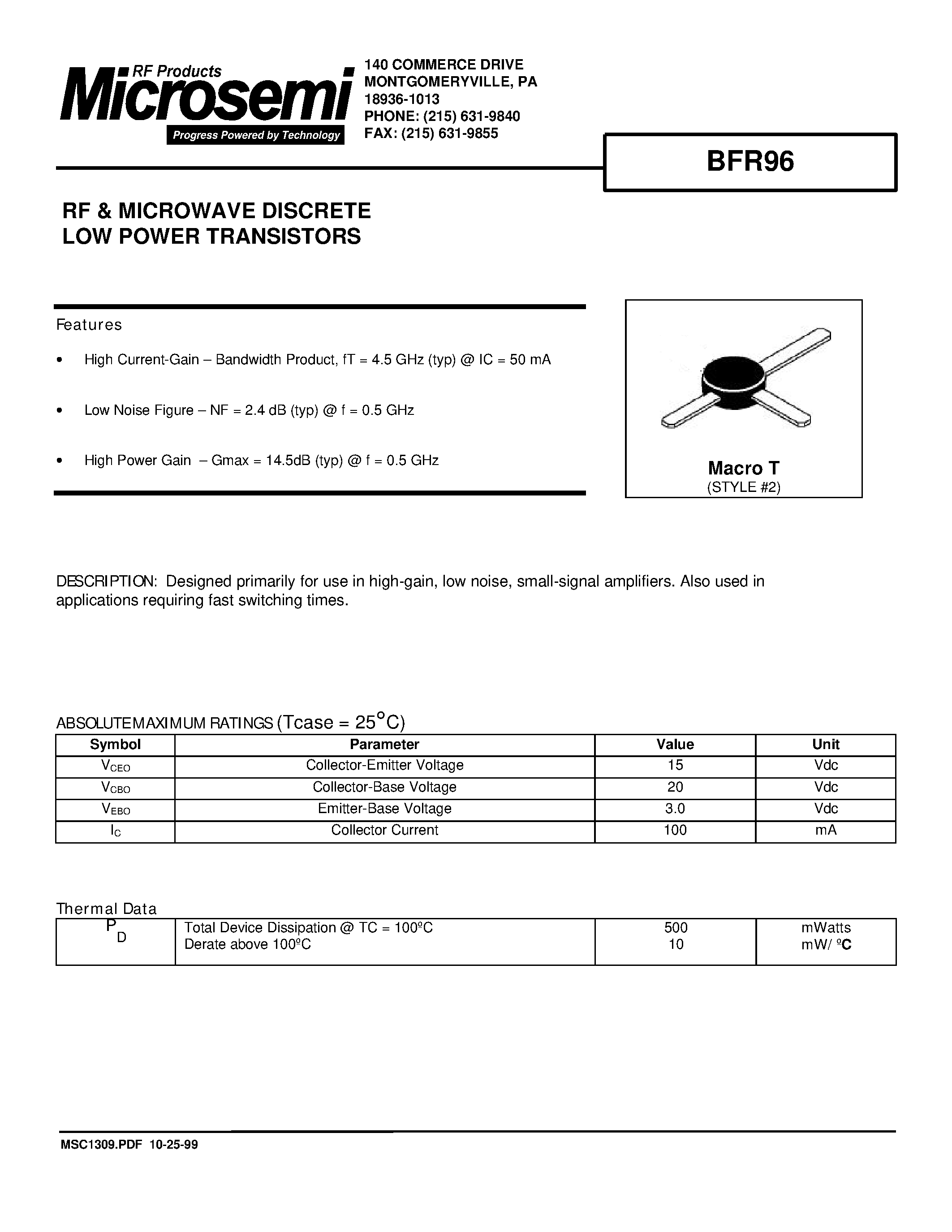 Даташит BFR96 - RF & MICROWAVE DISCRETE LOW POWER TRANSISTORS страница 1