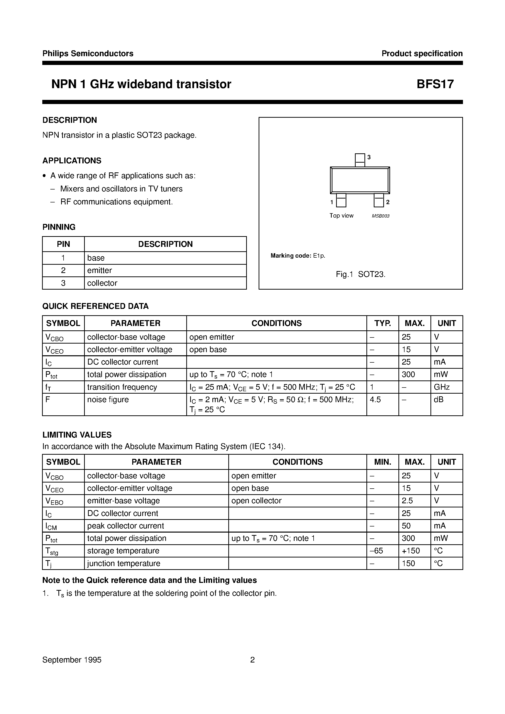 Даташит на микросхему BFS17 страница 2 Даташит BFS17 - NPN 1 GHz wideband transistor страница 2