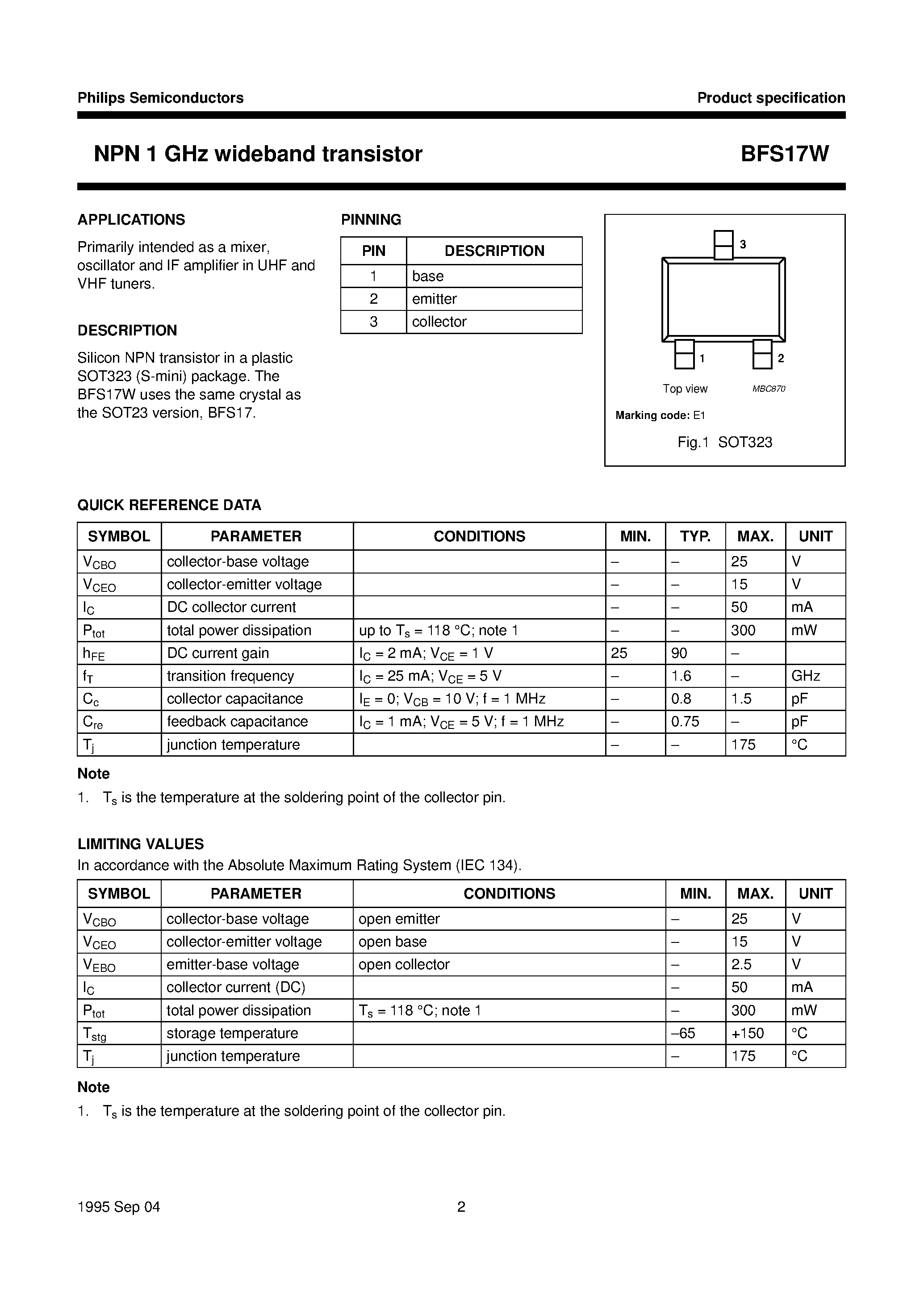 Даташит на микросхему BFS17W страница 2 Даташит BFS17W - NPN 1 GHz wideband transistor страница 2