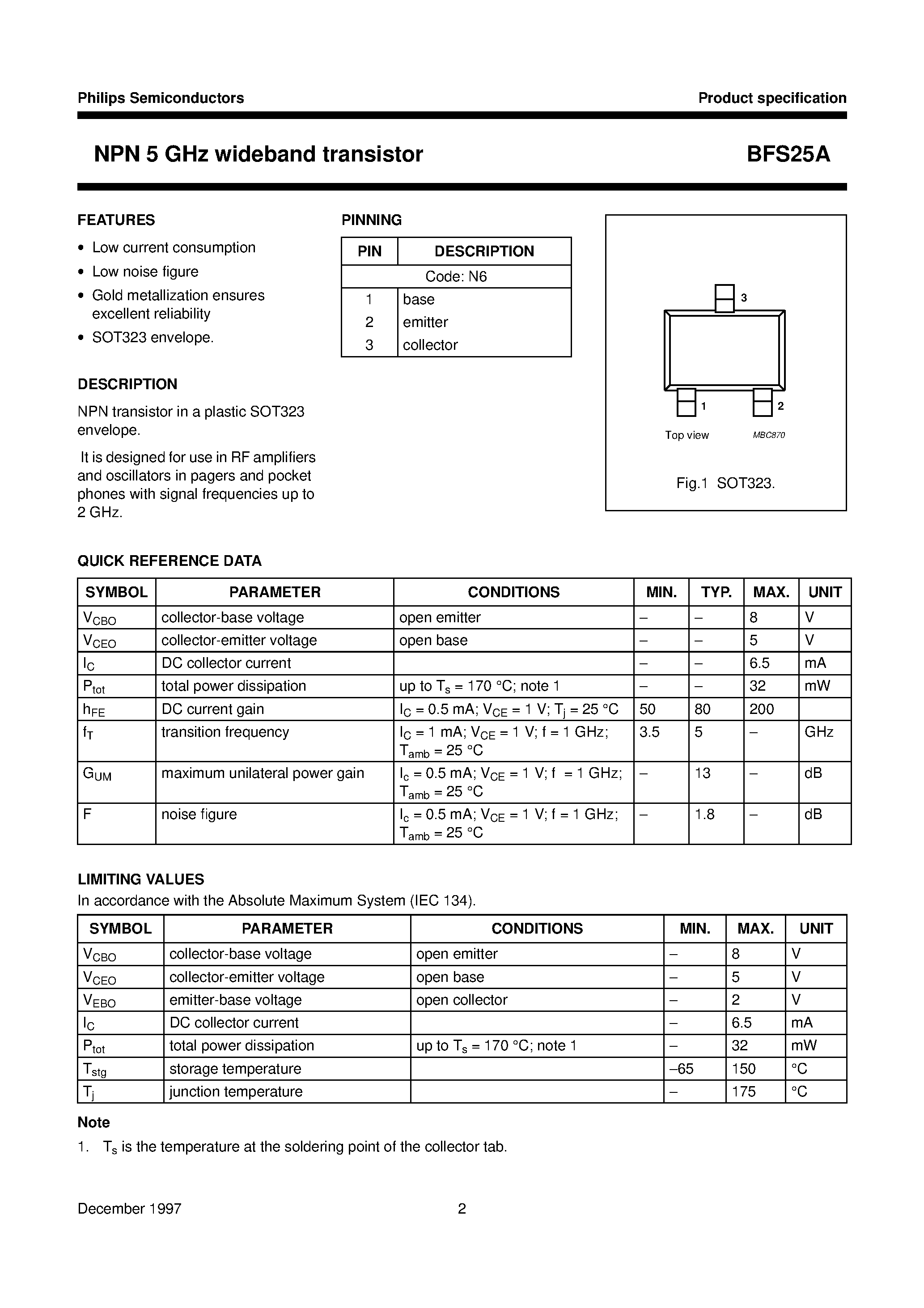 Datasheet BFS25A - NPN 5 GHz wideband transistor page 2