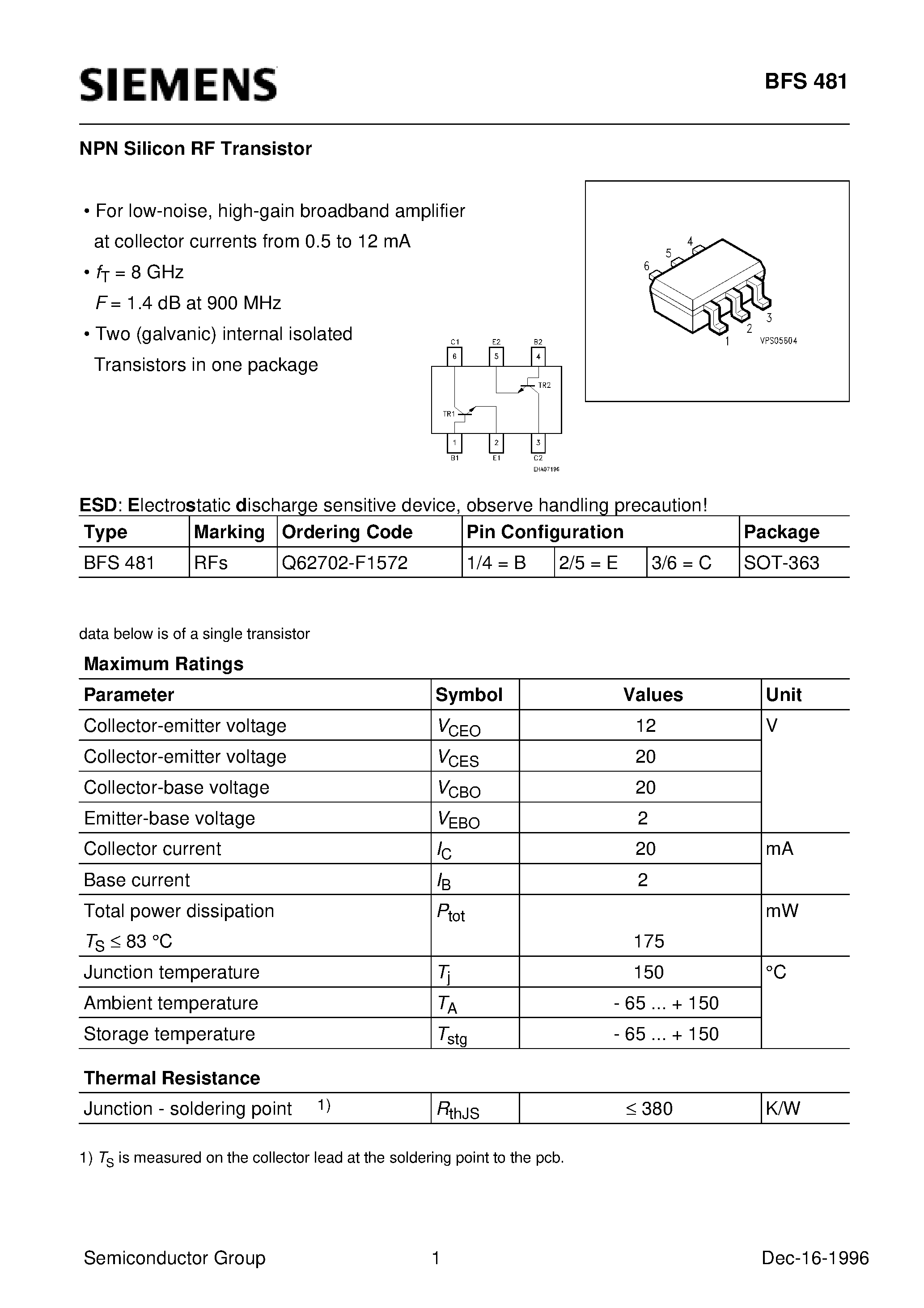 Datasheet BFS481 - NPN Silicon RF Transistor (For low-noise/ high-gain broadband amplifier at collector currents from 0.5 to 12 mA) page 1