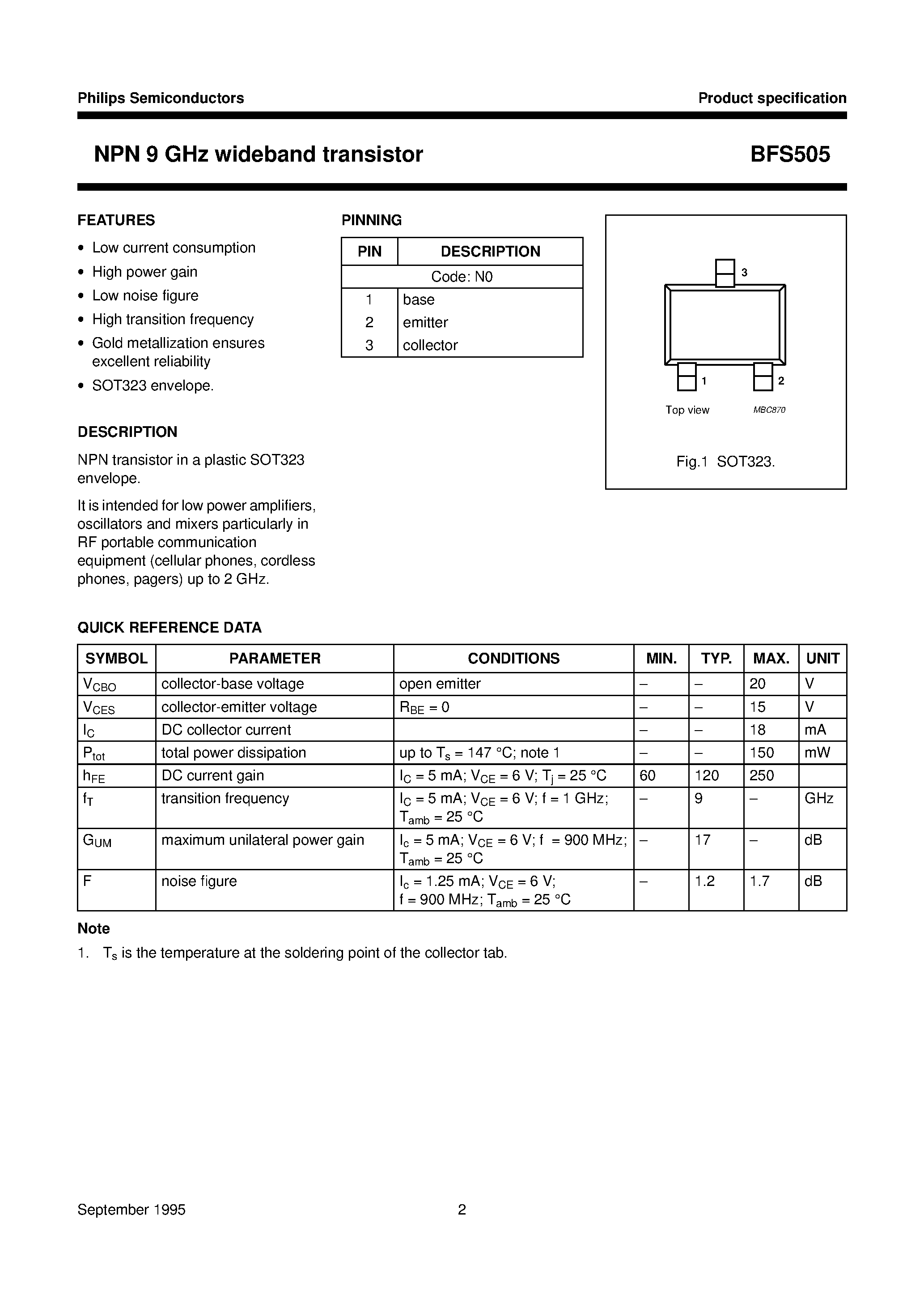 Даташит BFS505 - NPN 9 GHz wideband transistor страница 2