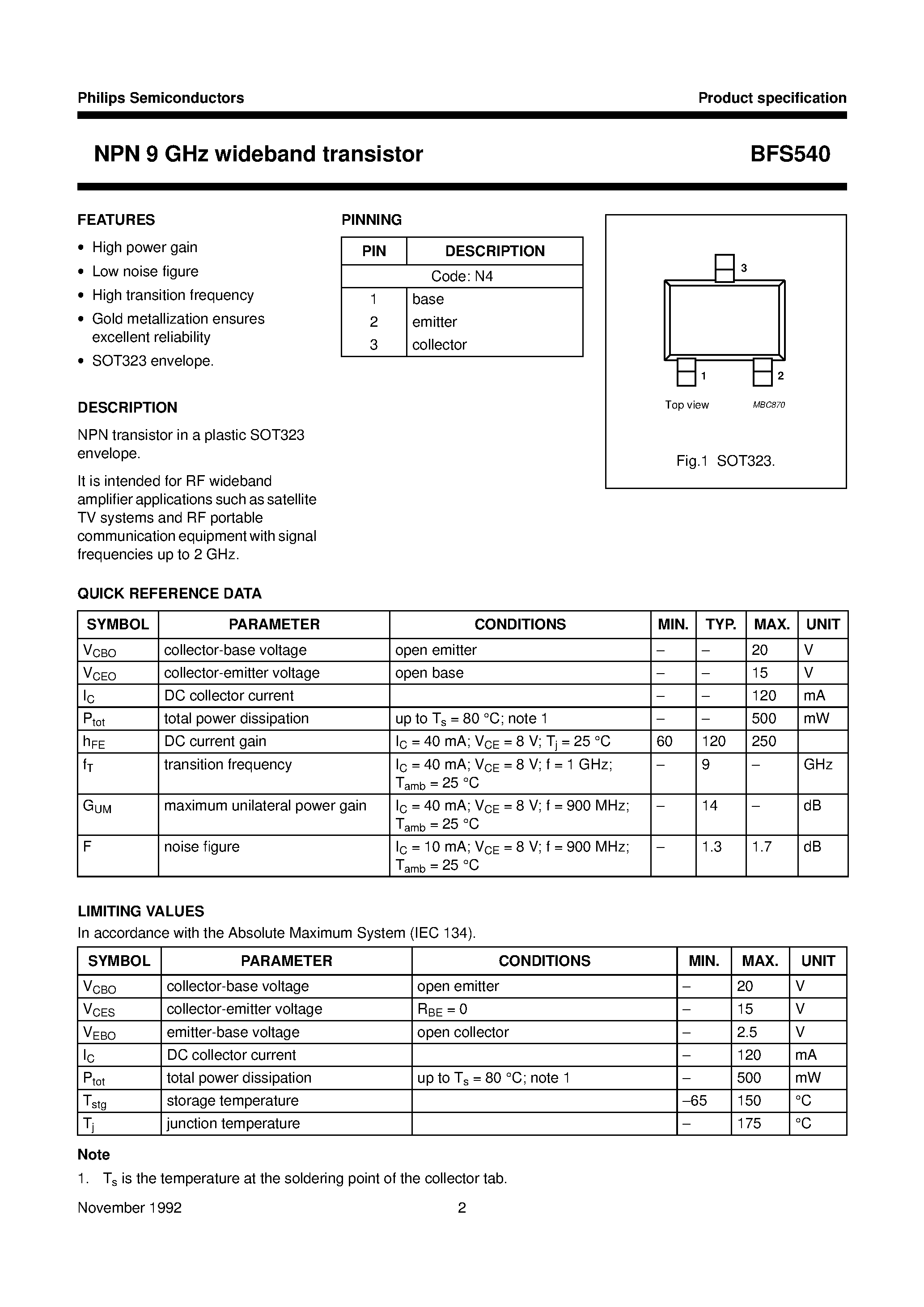 Datasheet BFS540 page 2 Datasheet BFS540 - NPN 9 GHz wideband transistor page 2