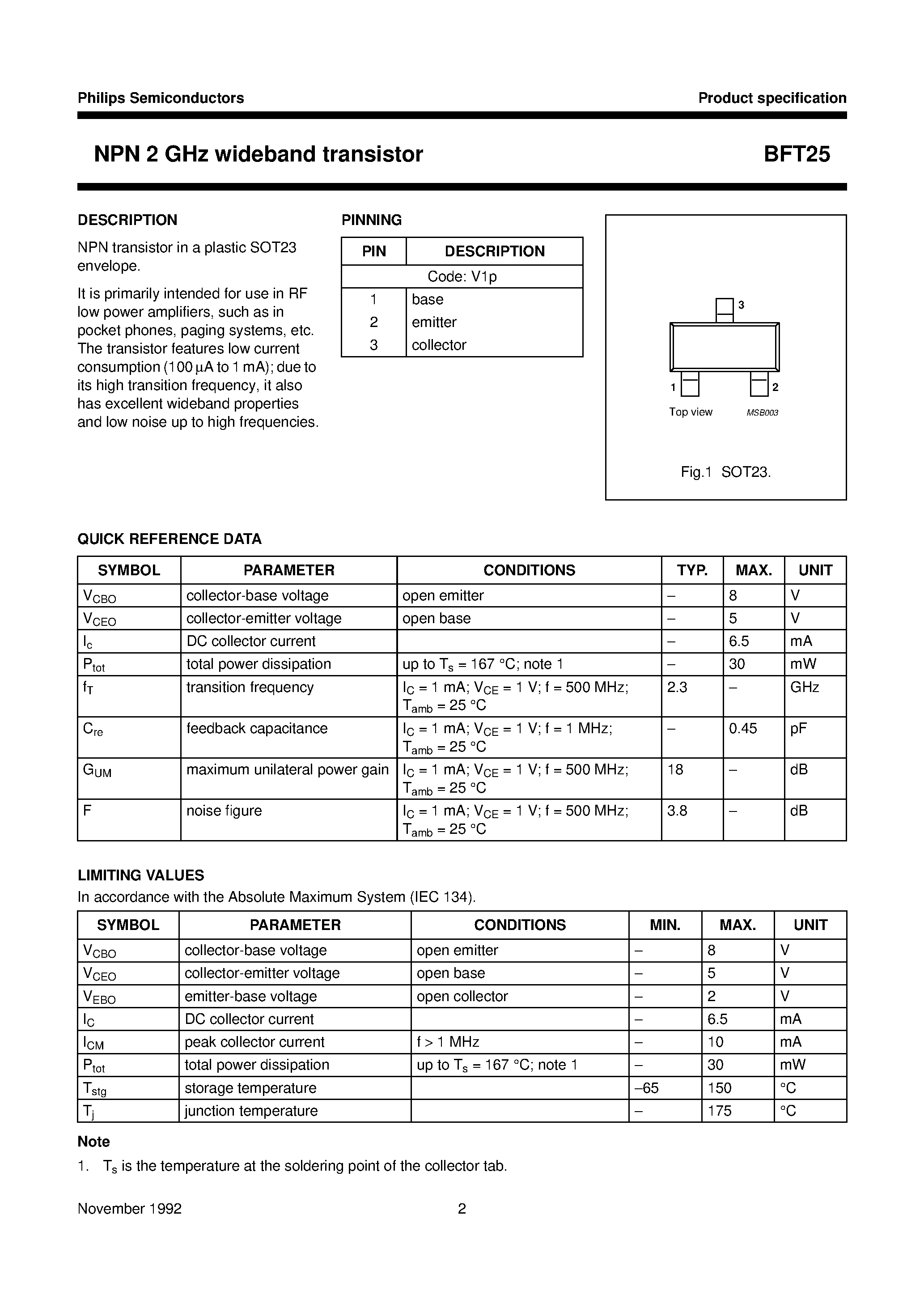 Даташит на микросхему BFT25 страница 2 Даташит BFT25 - NPN 2 GHz wideband transistor страница 2