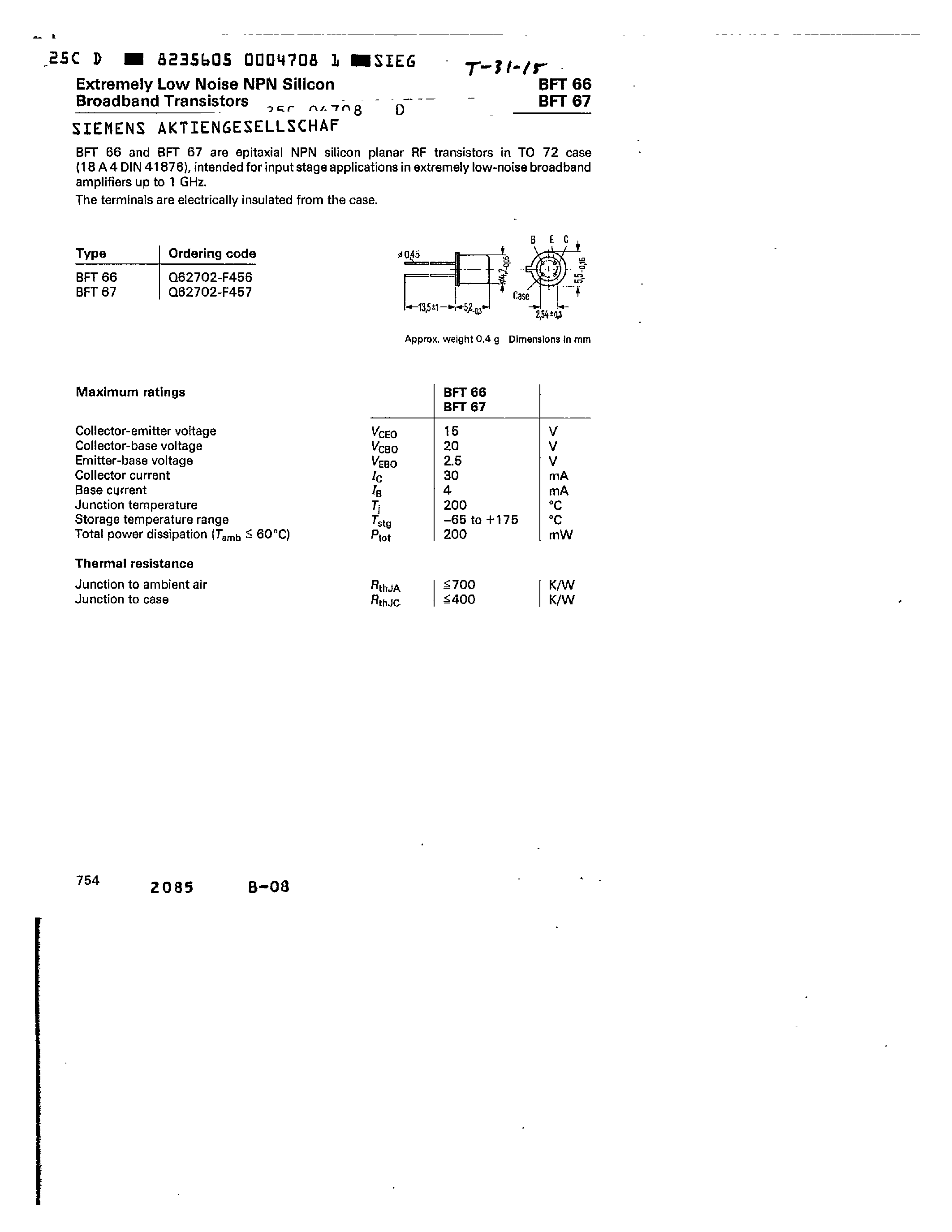 Даташит BFT67 - EXTREMELY LOW NOISE NPN SILICON BROADBAND TRANSISTORS страница 1