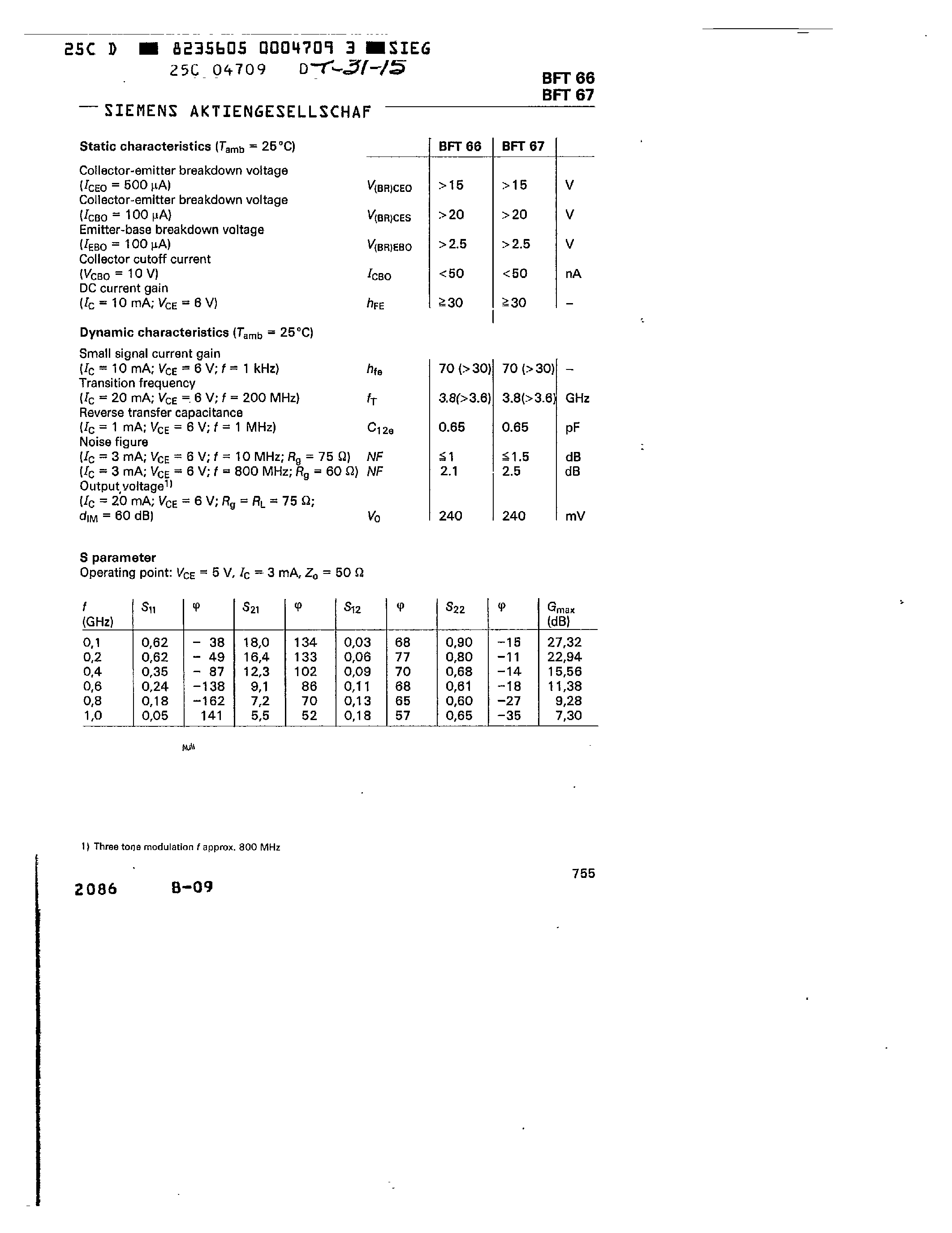 Даташит BFT67 - EXTREMELY LOW NOISE NPN SILICON BROADBAND TRANSISTORS страница 2