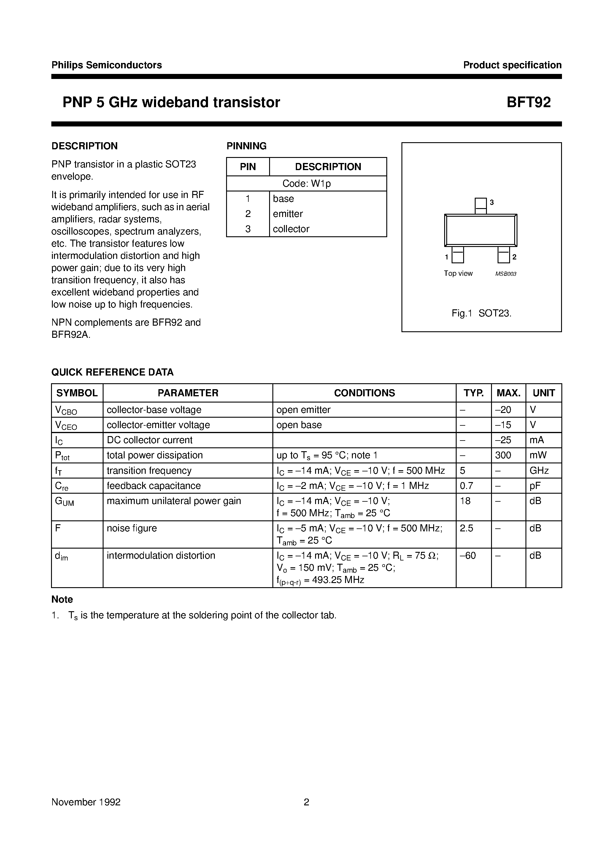 Datasheet BFT92 - PNP 5 GHz wideband transistor page 2
