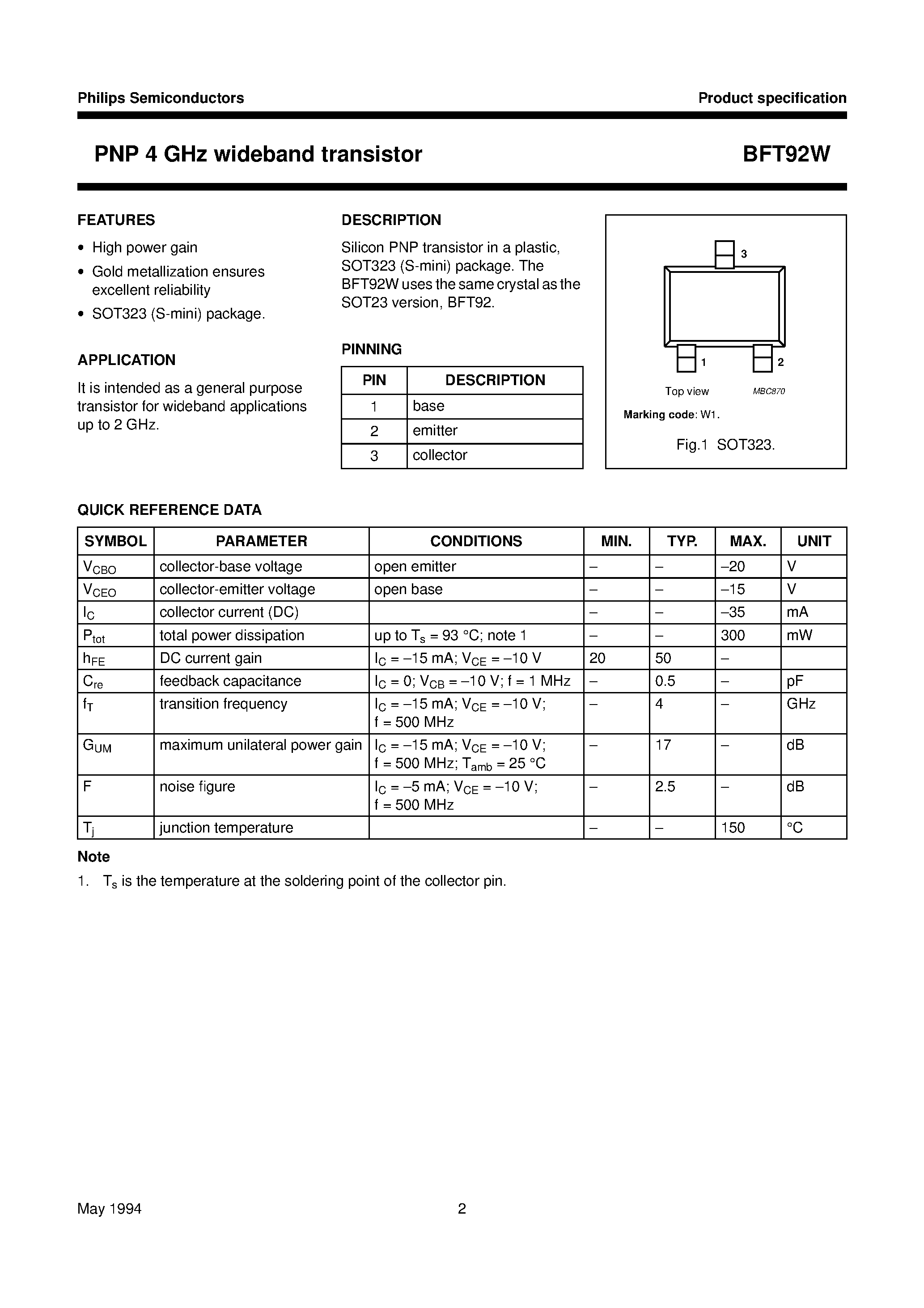 Datasheet BFT92W - PNP 4 GHz wideband transistor page 2