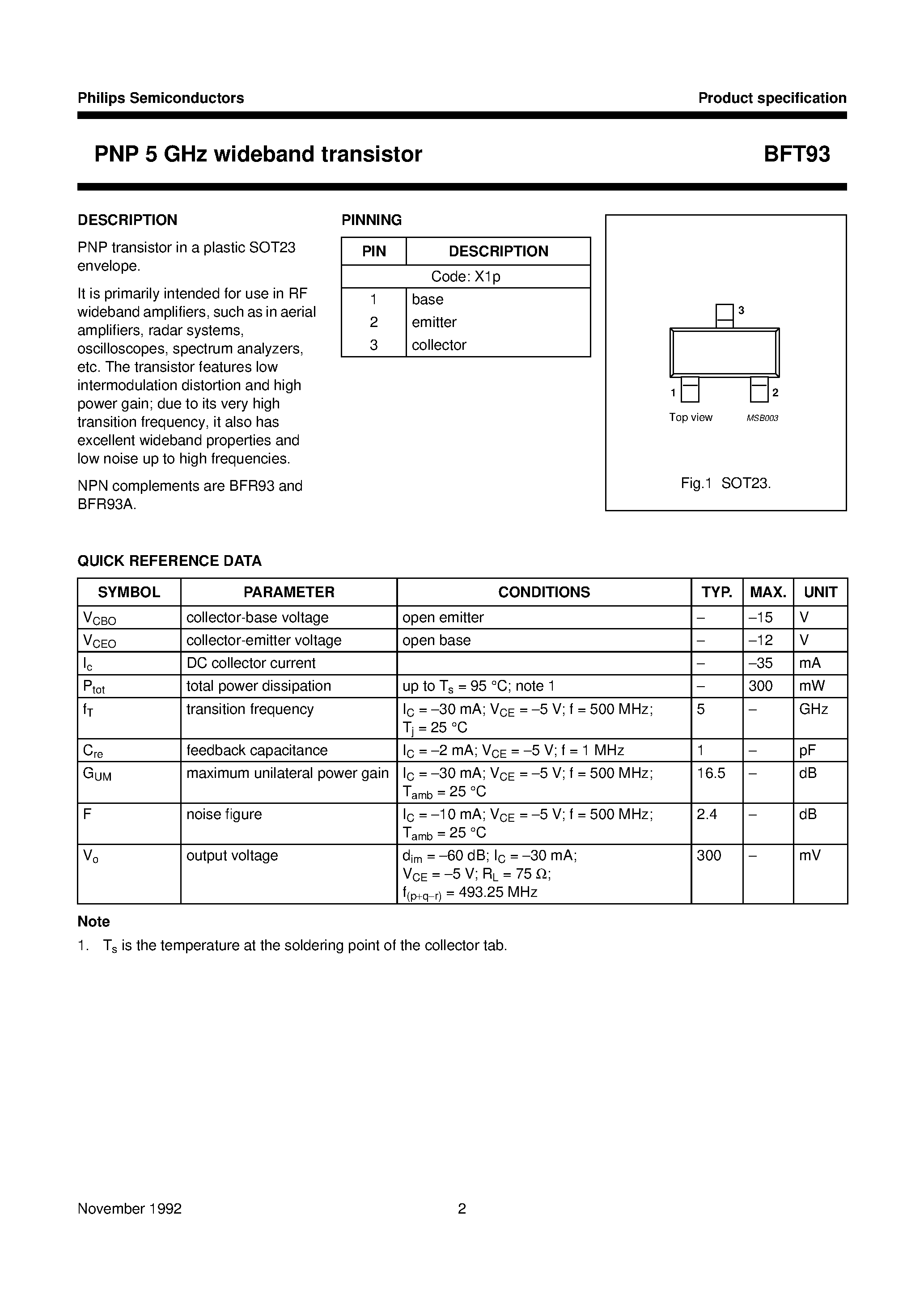Datasheet BFT93 - PNP 5 GHz wideband transistor page 2