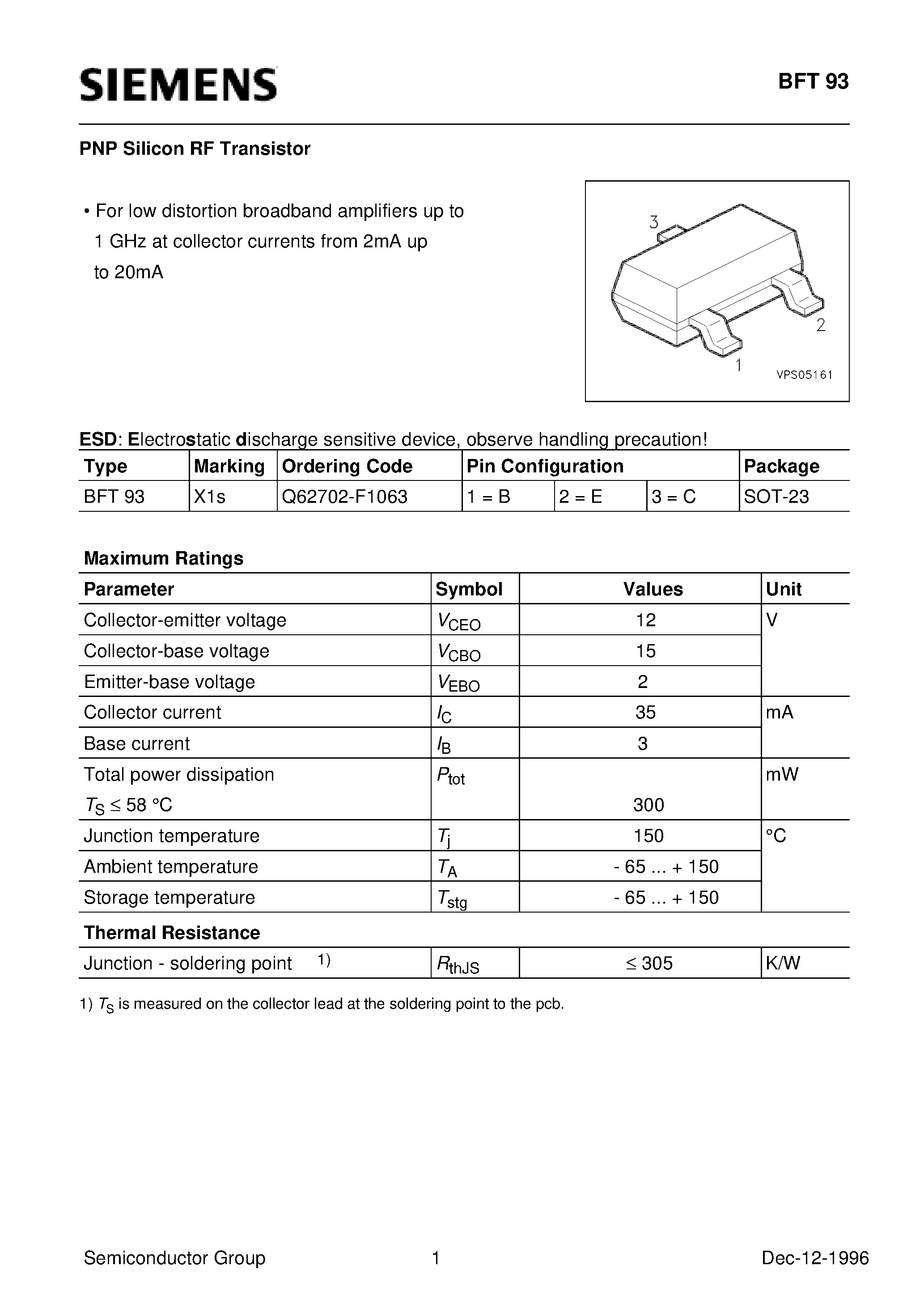 Даташит BFT93 - PNP Silicon RF Transistor (For low distortion broadband amplifiers up to 1 GHz at collector currents from 2mA up to 20mA) страница 1