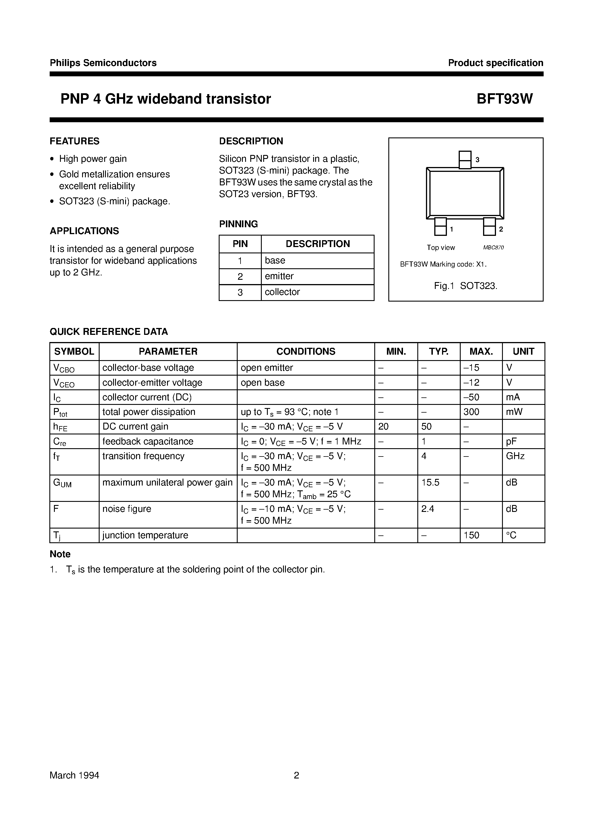 Datasheet BFT93W - PNP 4 GHz wideband transistor page 2