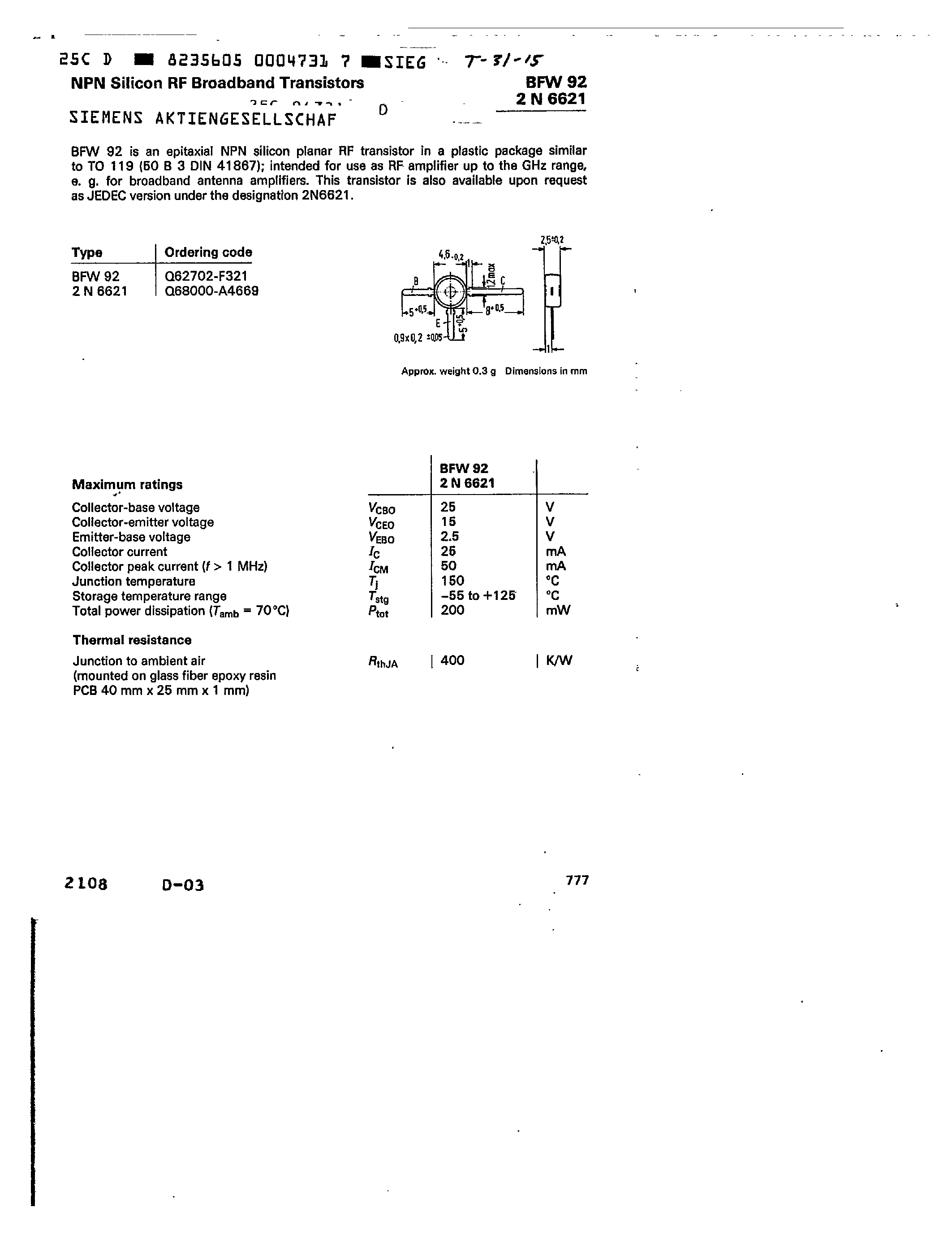 Даташит BFW92 - NPN SILICON RF BROADBAND TRANSISTORS страница 1