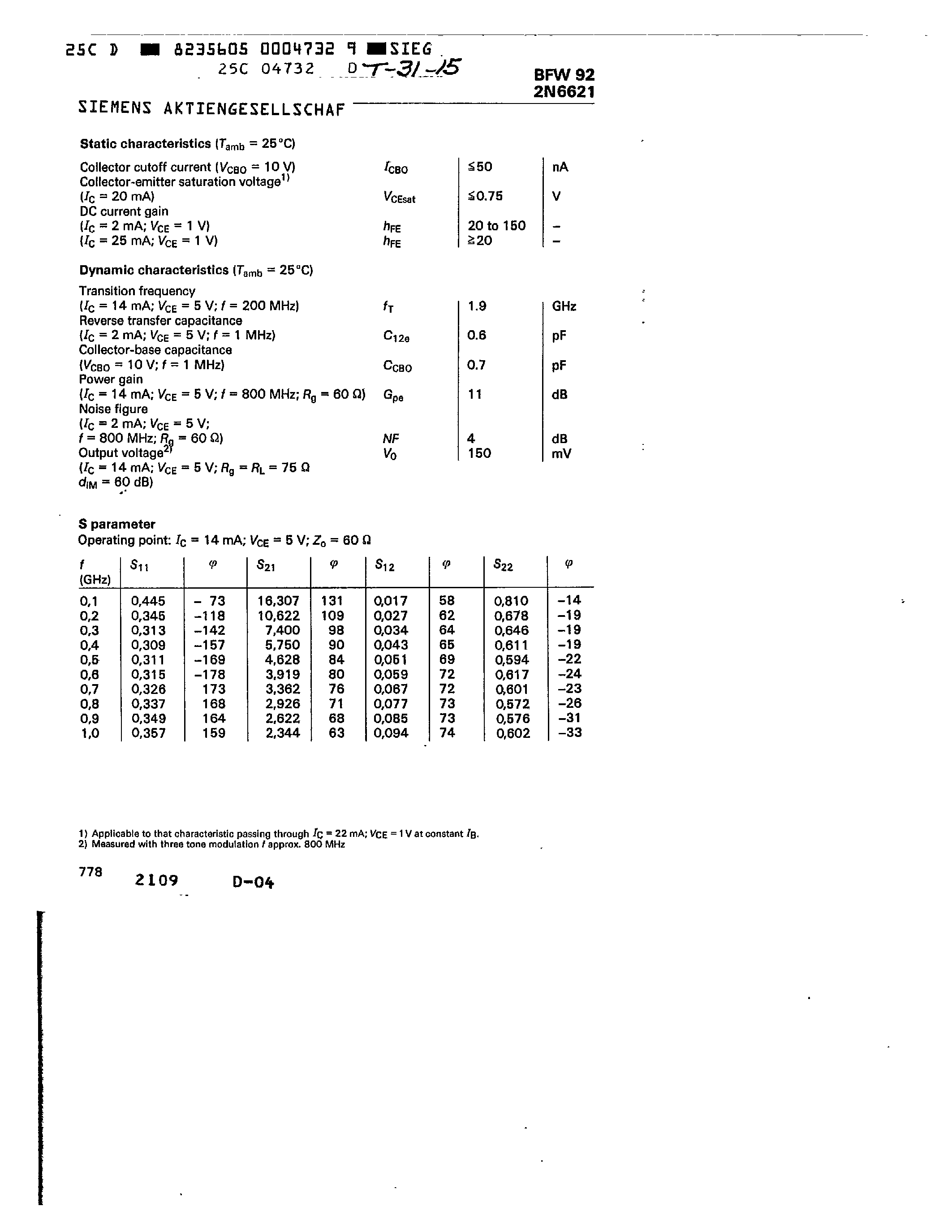 Даташит BFW92 - NPN SILICON RF BROADBAND TRANSISTORS страница 2