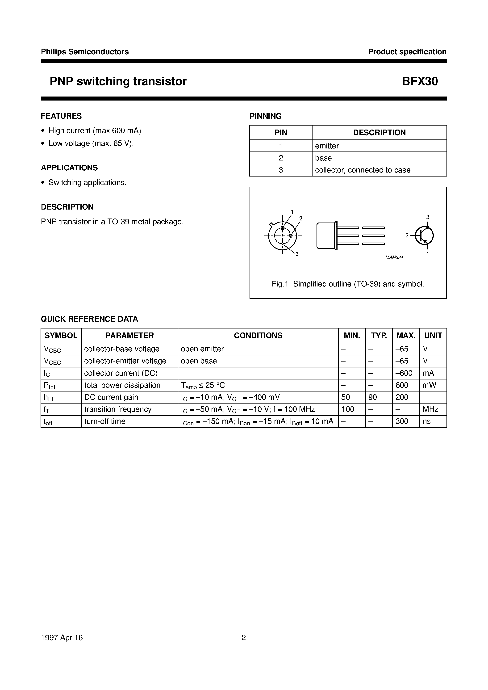 Даташит на микросхему BFX30 страница 2 Даташит BFX30 - PNP switching transistor страница 2