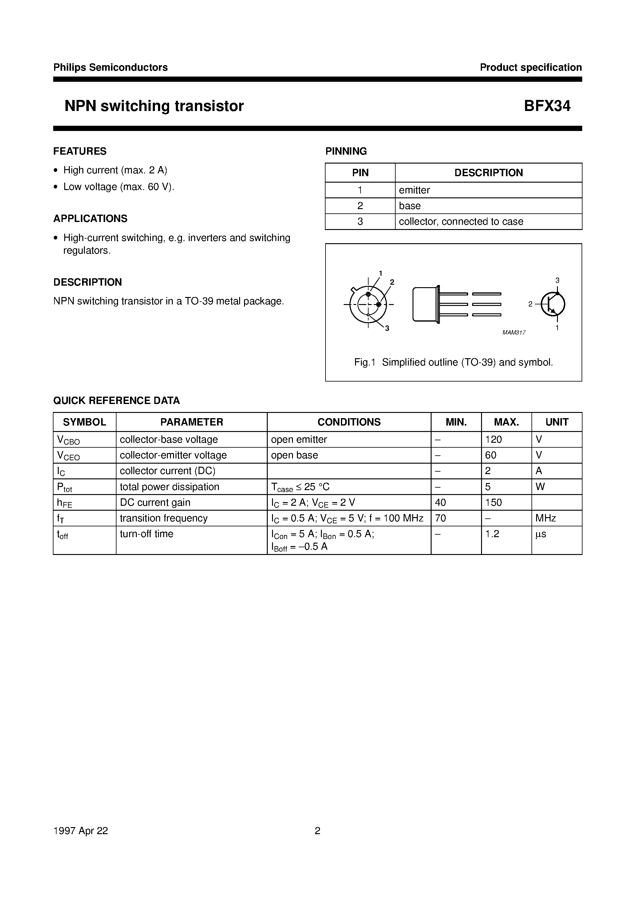 Даташит на микросхему BFX34 страница 2 Даташит BFX34 - NPN switching transistor страница 2
