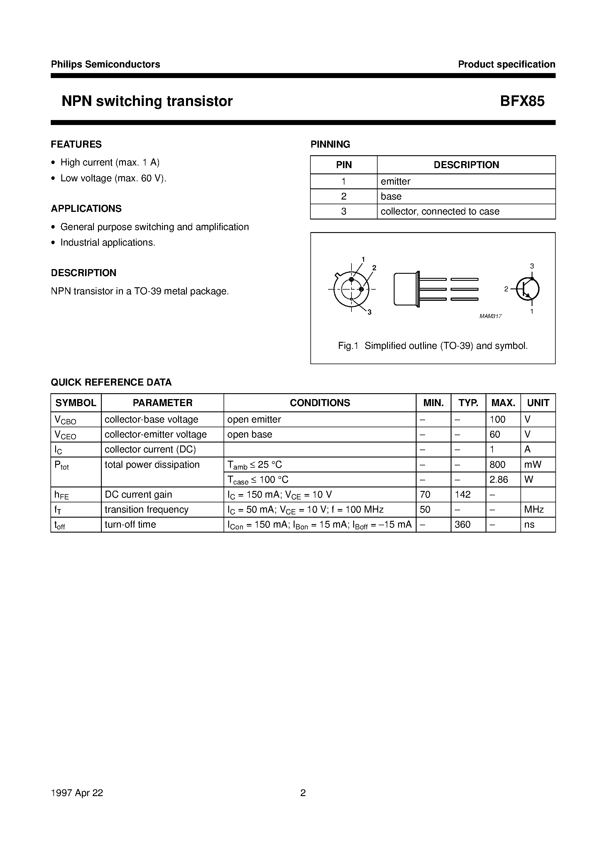 Даташит на микросхему BFX85 страница 2 Даташит BFX85 - NPN switching transistor страница 2