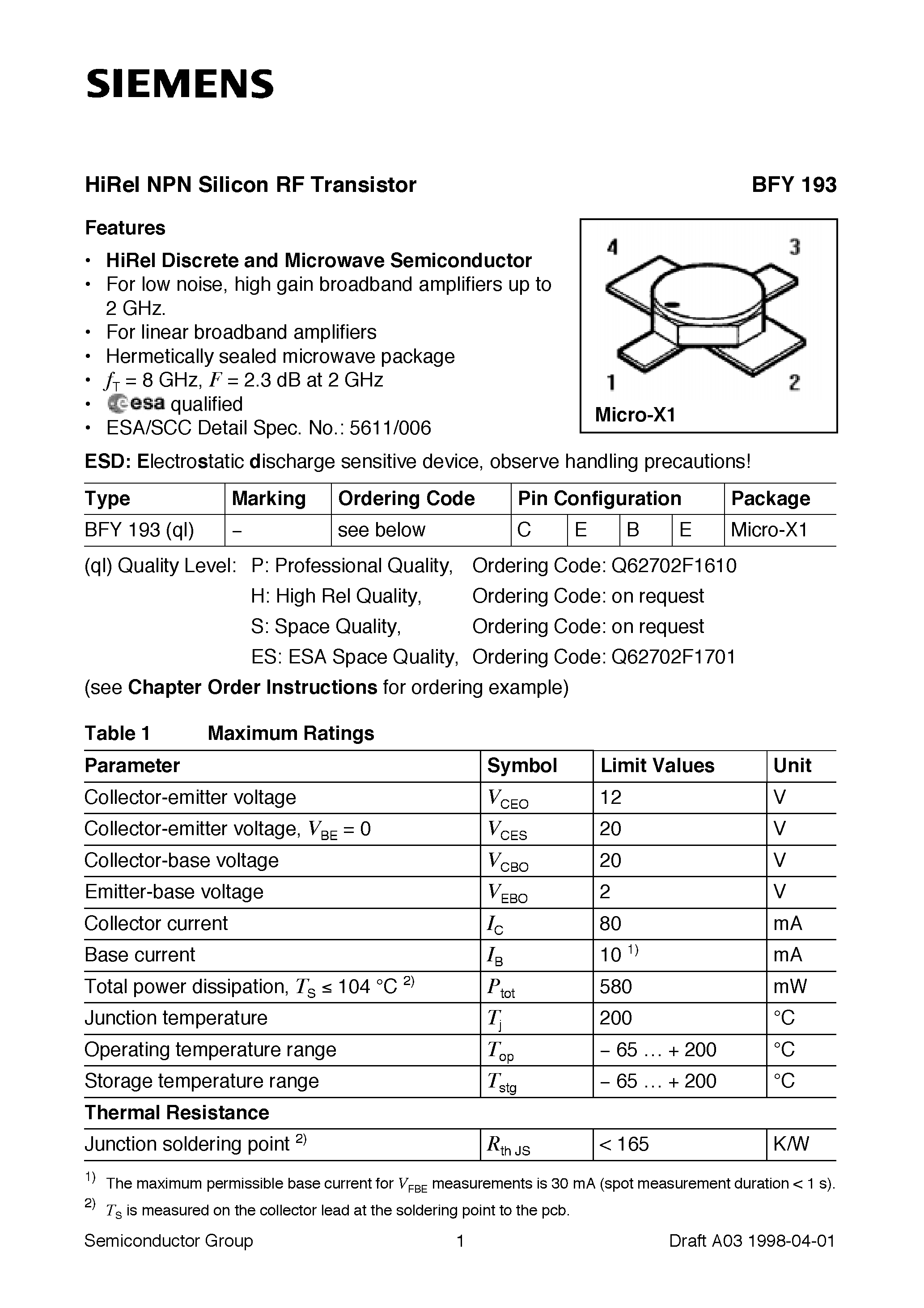 Datasheet BFY193 - HiRel NPN Silicon RF Transistor (HiRel Discrete and Microwave Semiconductor For low noise/ high gain broadband amplifiers up to 2 GHz.) page 1