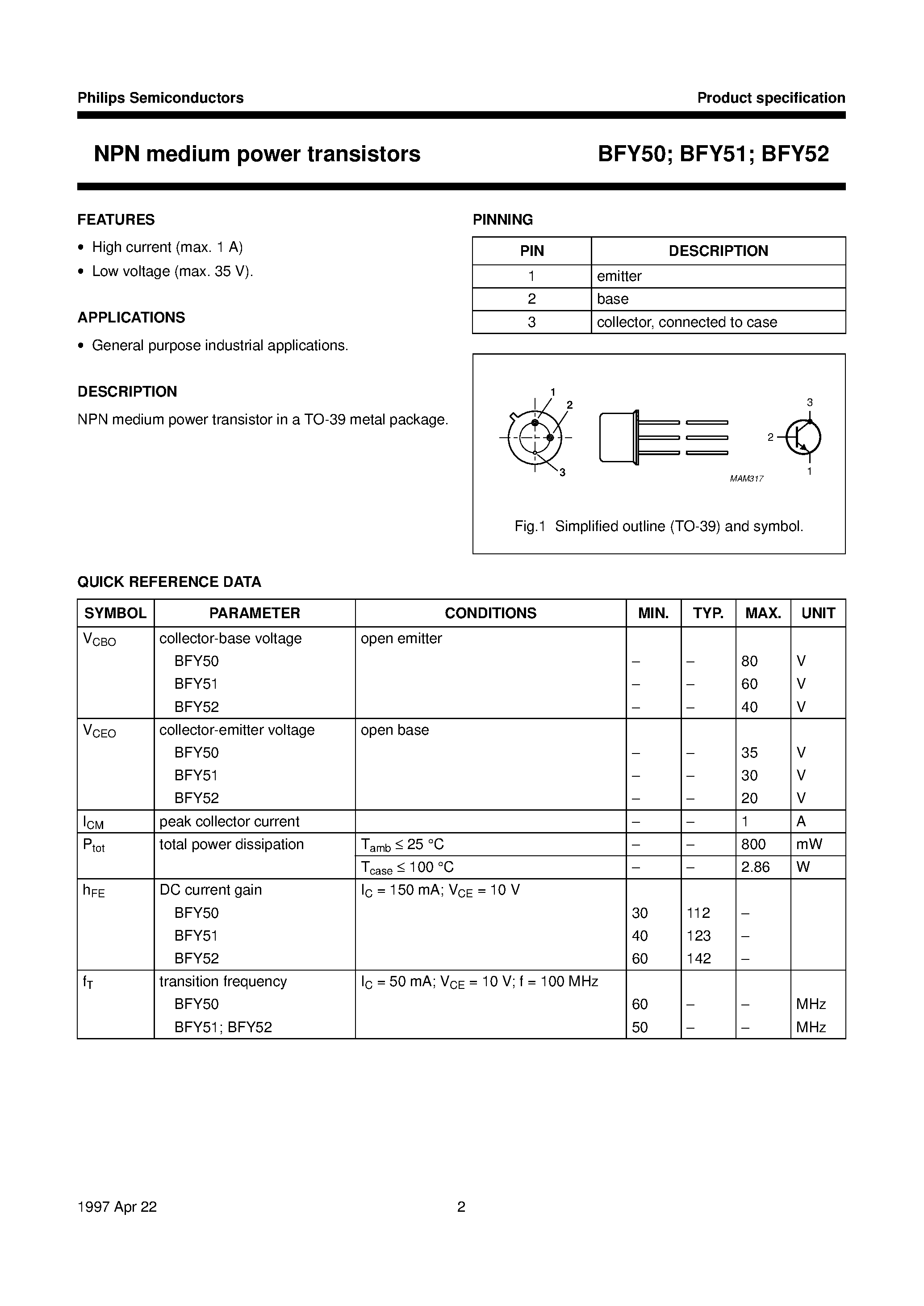 Даташит BFY52 - NPN medium power transistors страница 2