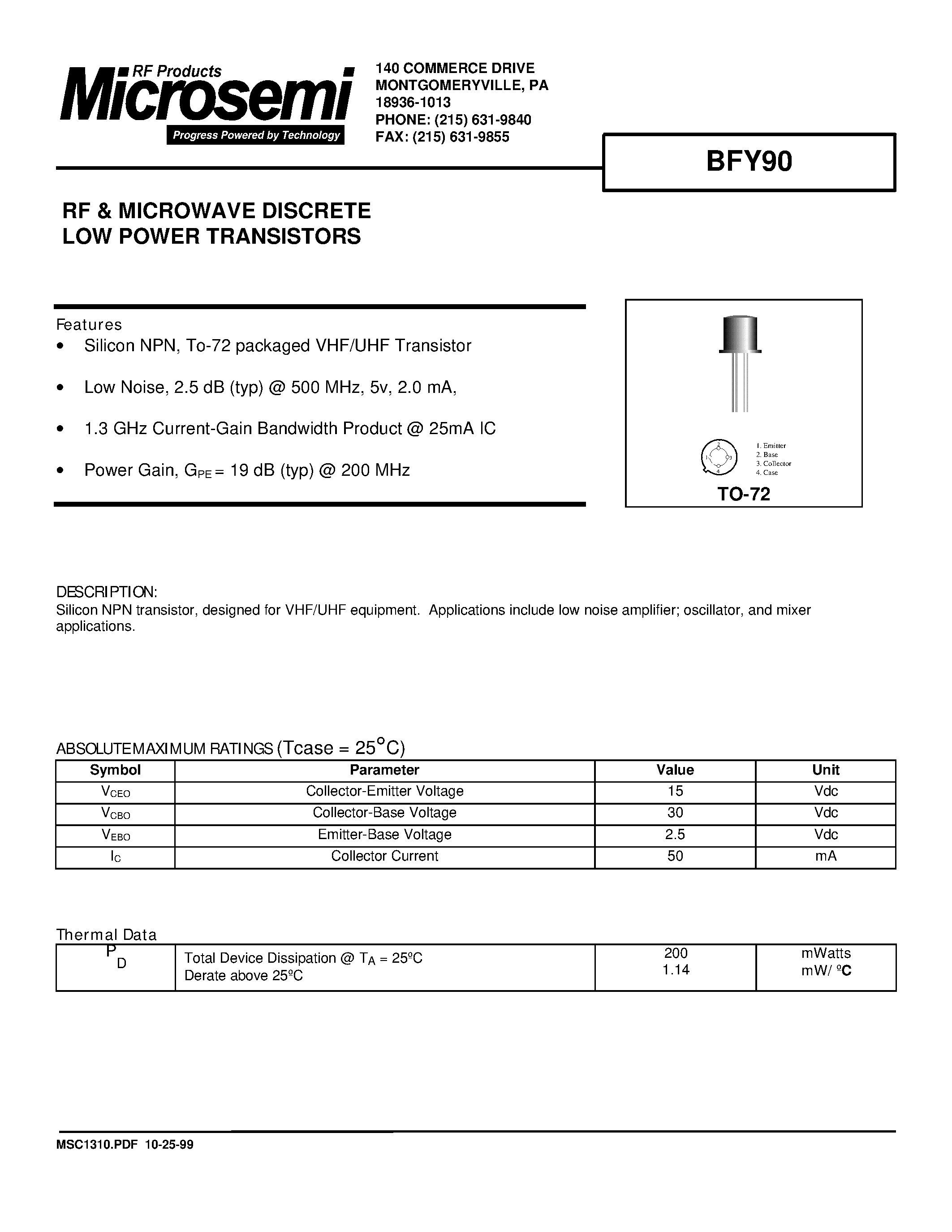 Даташит BFY90 - RF & MICROWAVE DISCRETE LOW POWER TRANSISTORS страница 1