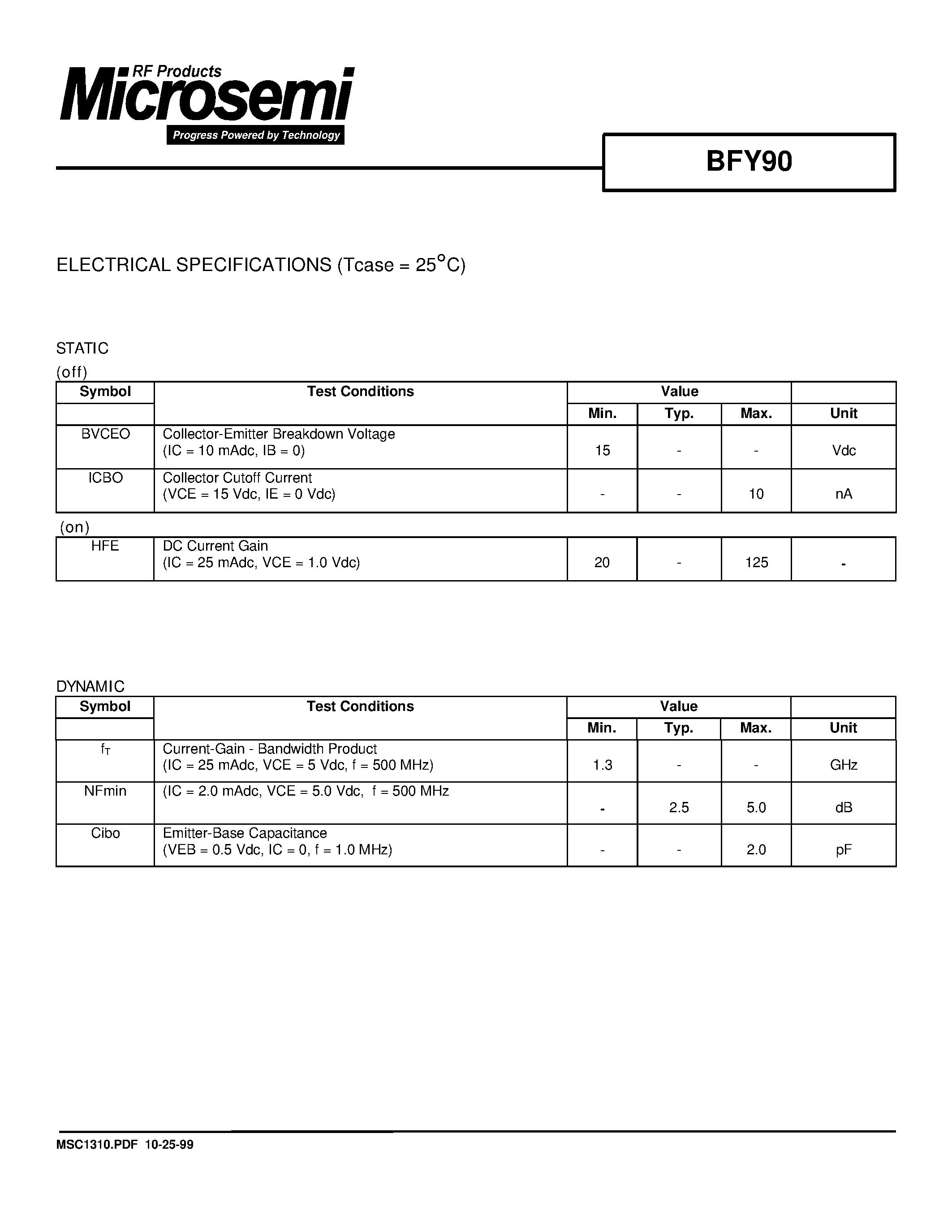 Даташит BFY90 - RF & MICROWAVE DISCRETE LOW POWER TRANSISTORS страница 2