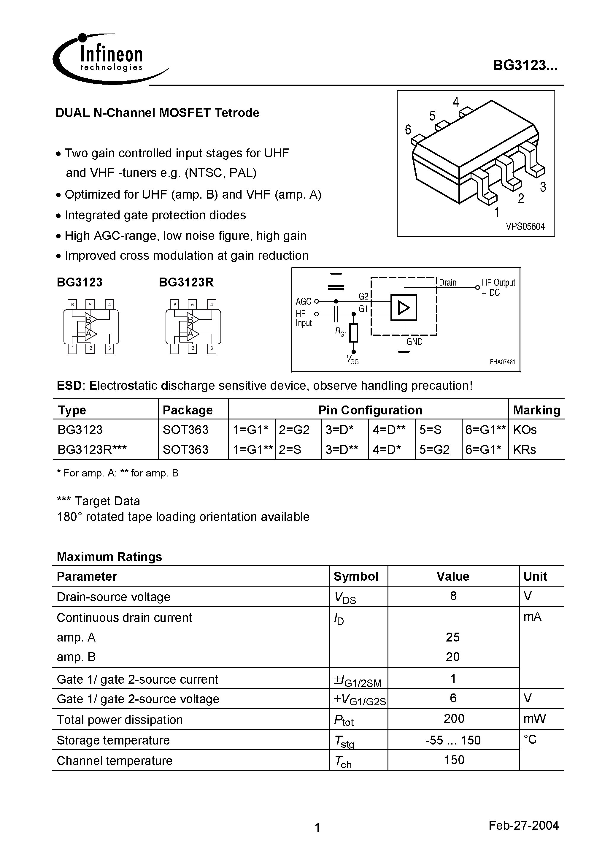 Datasheet BG3123 - DUAL N-Channel MOSFET Tetrode page 1
