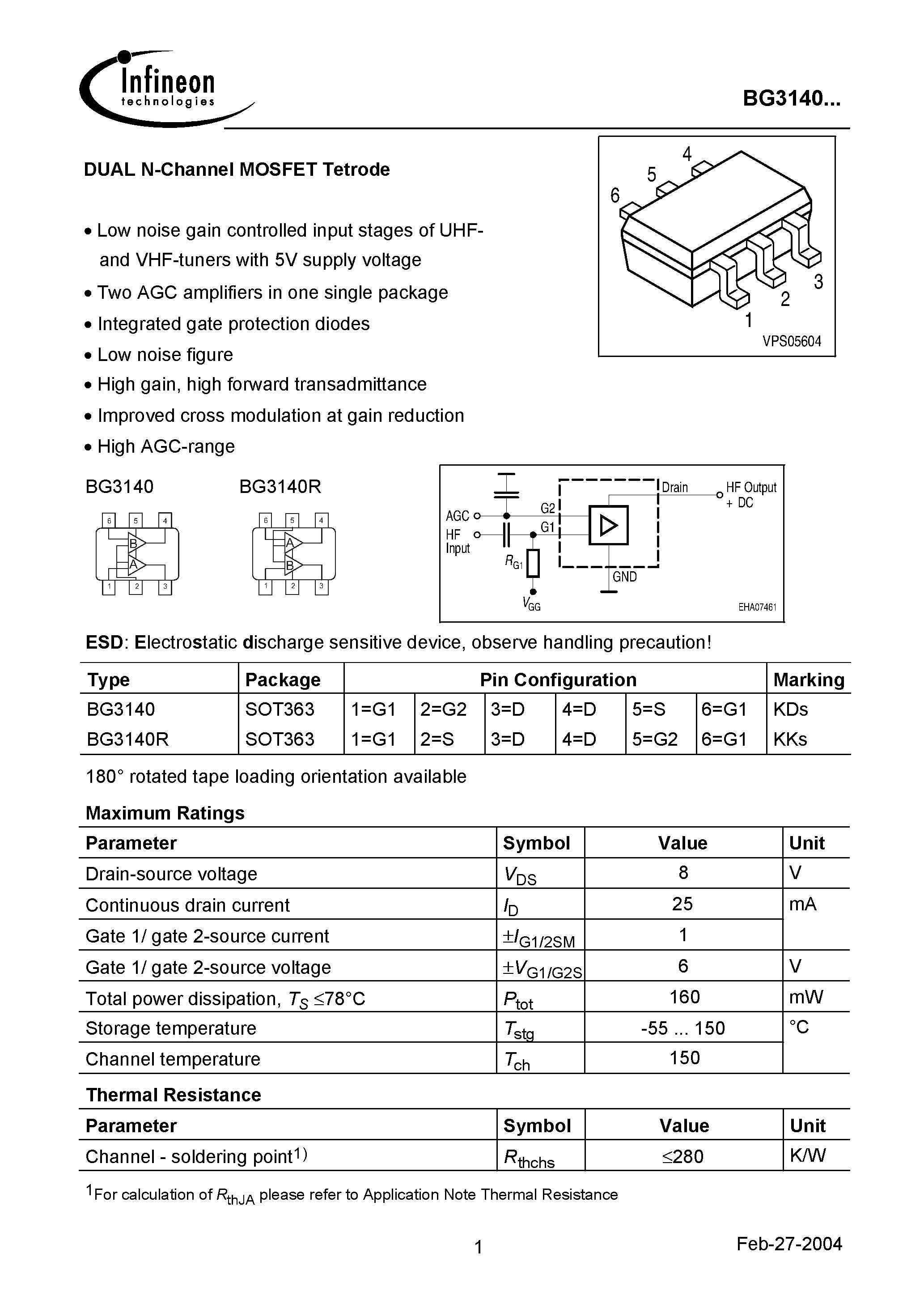 Datasheet BG3140 - DUAL N-Channel MOSFET Tetrode page 1