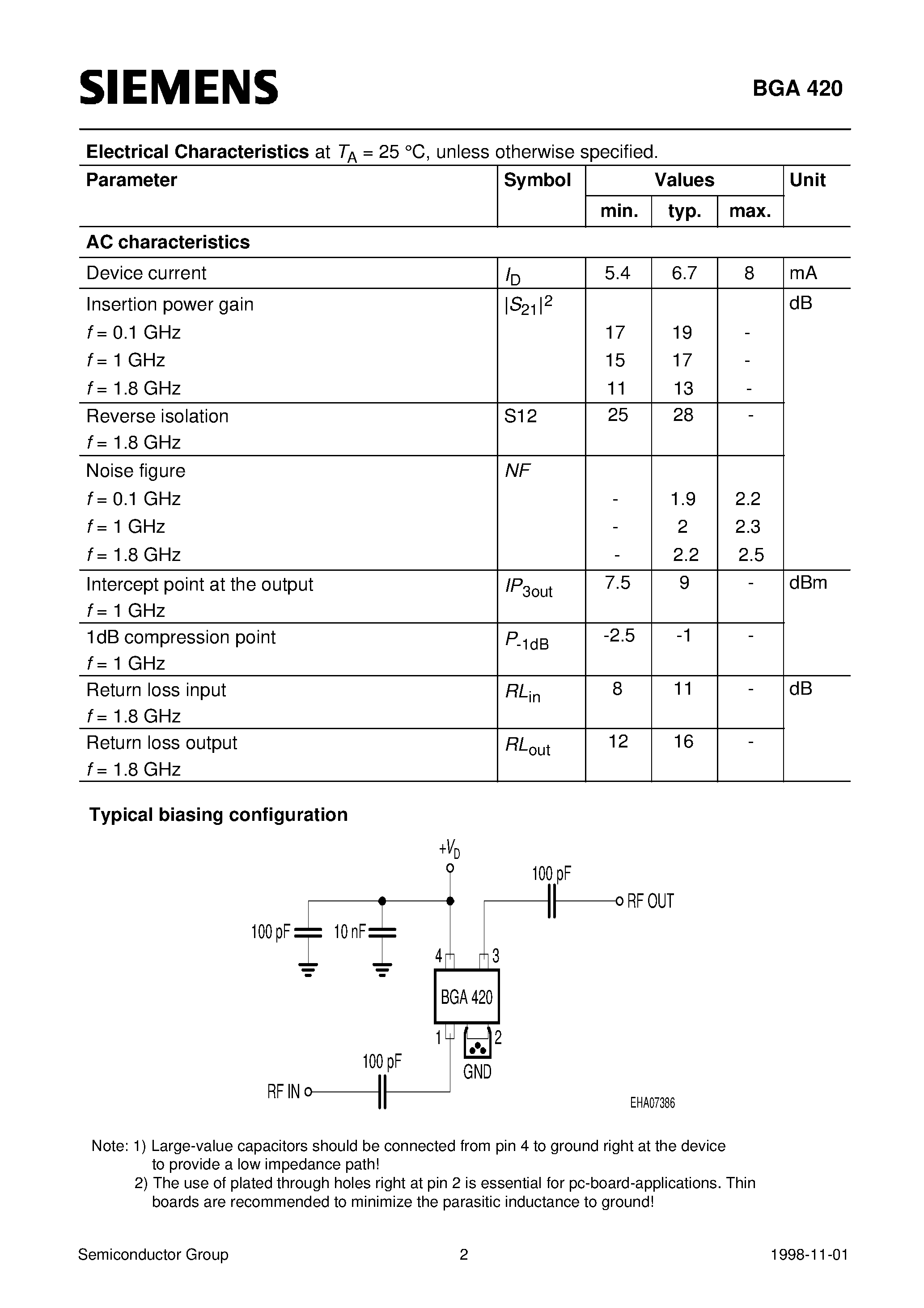 Datasheet BGA420 page 2 Datasheet BGA420 - Si-MMIC-Amplifierin SIEGET 25-Technologie (Cascadable 50 -gain block Unconditionally stable) page 2