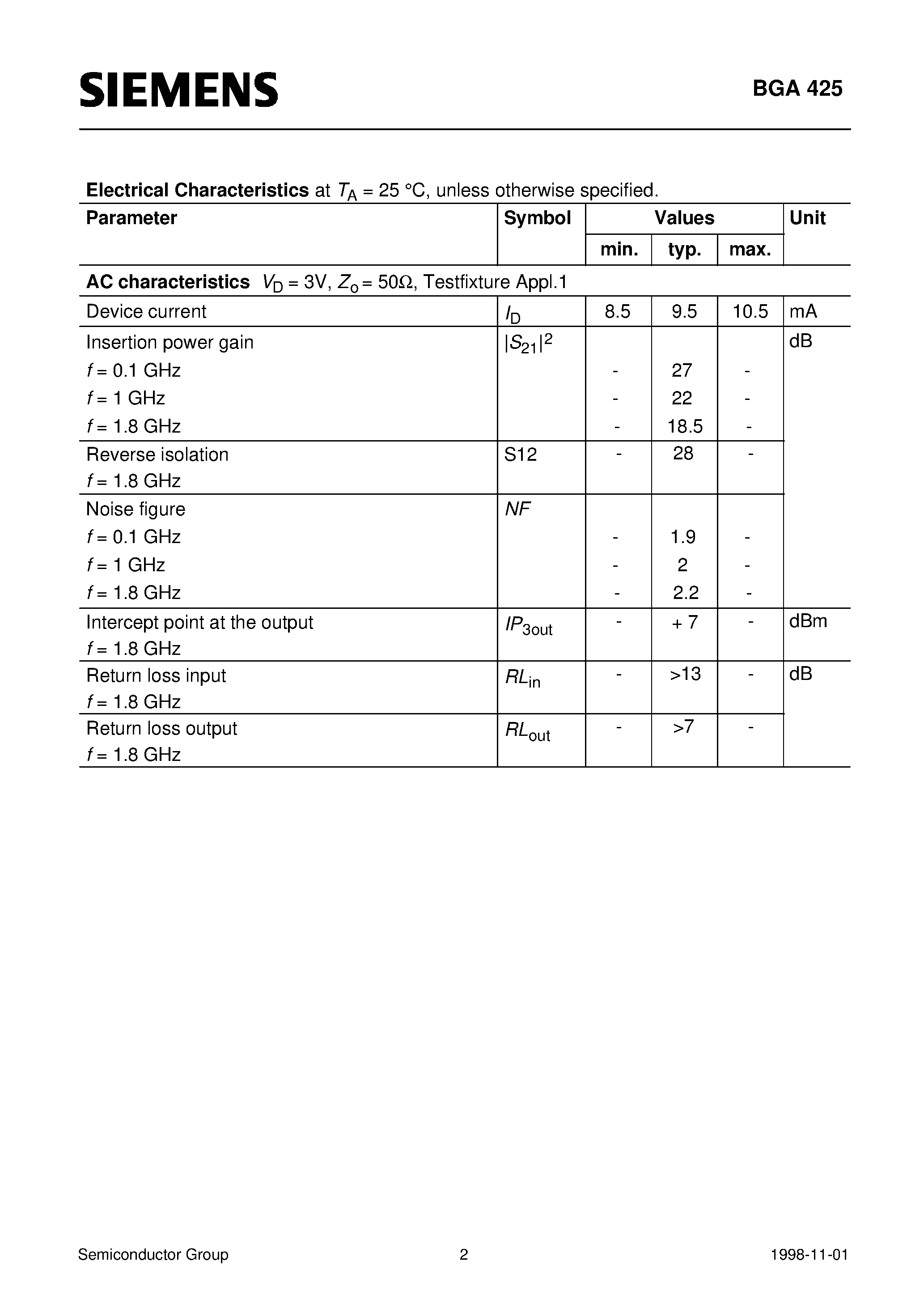 Datasheet BGA425 page 2 Datasheet BGA425 - Si-MMIC-Amplifier in SIEGET 25-Technologie (Multifunctional casc. 50 block LNA / MIX Unconditionally stable) page 2