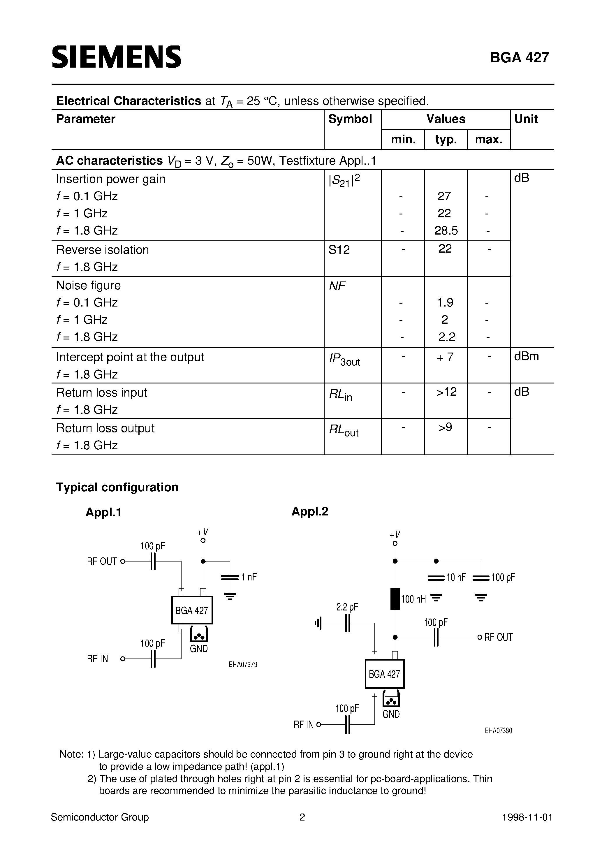 Даташит на микросхему BGA427 страница 2 Даташит BGA427 - Si-MMIC-Amplifier in SIEGET 25-Technologie (Cascadable 50 W-gain block Unconditionally stable) страница 2
