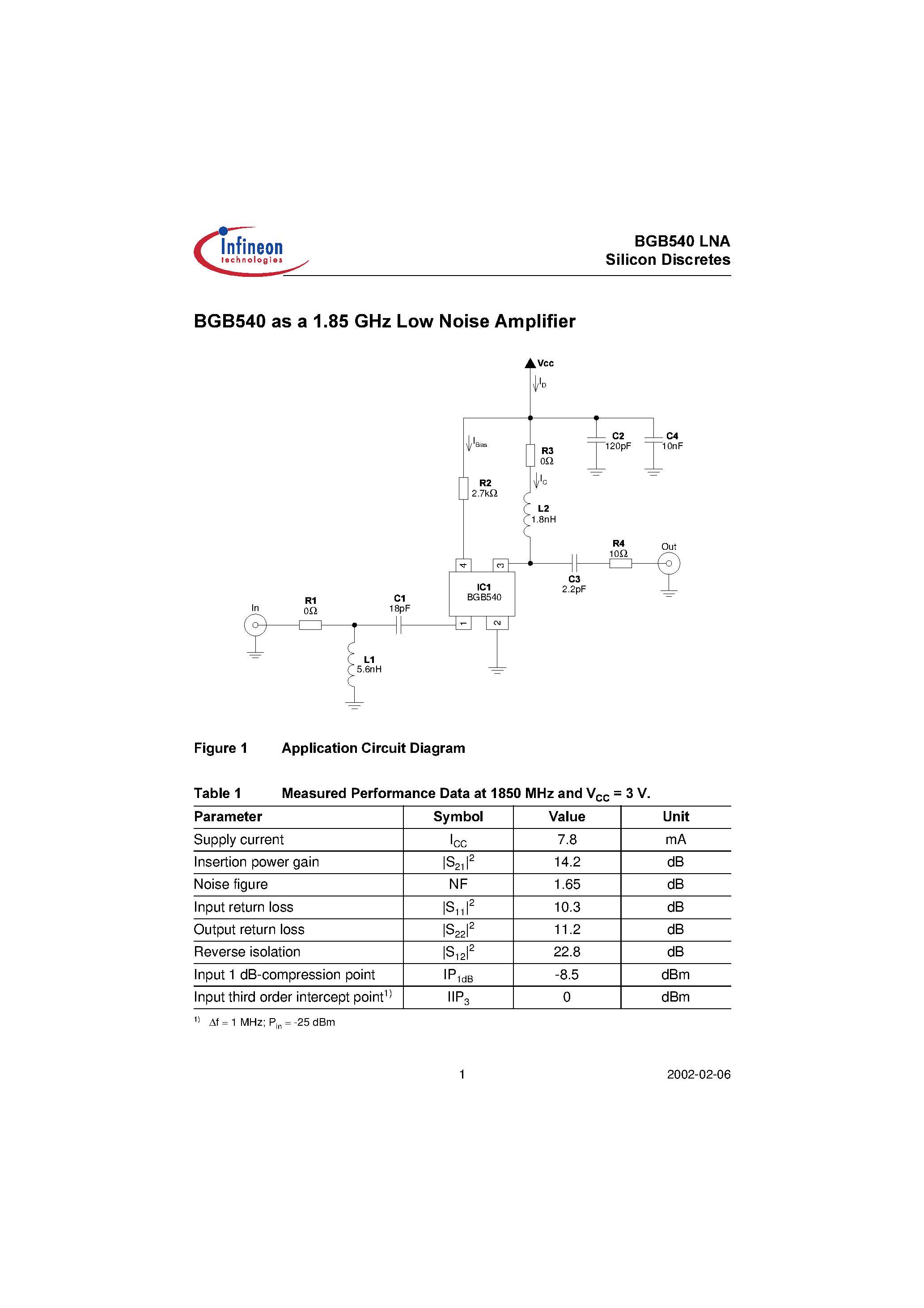Даташит на микросхему BGB540LNA страница 1 Даташит BGB540LNA - BGB540 as a 1.85 GHz Low Noise Amplifier страница 1