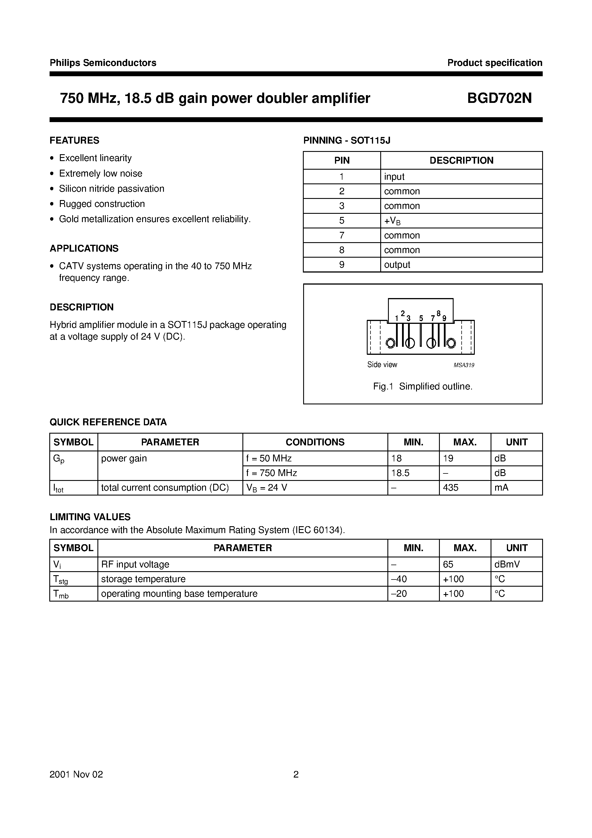 Datasheet BGD702N - 750 MHz/ 18.5 dB gain power doubler amplifier page 2