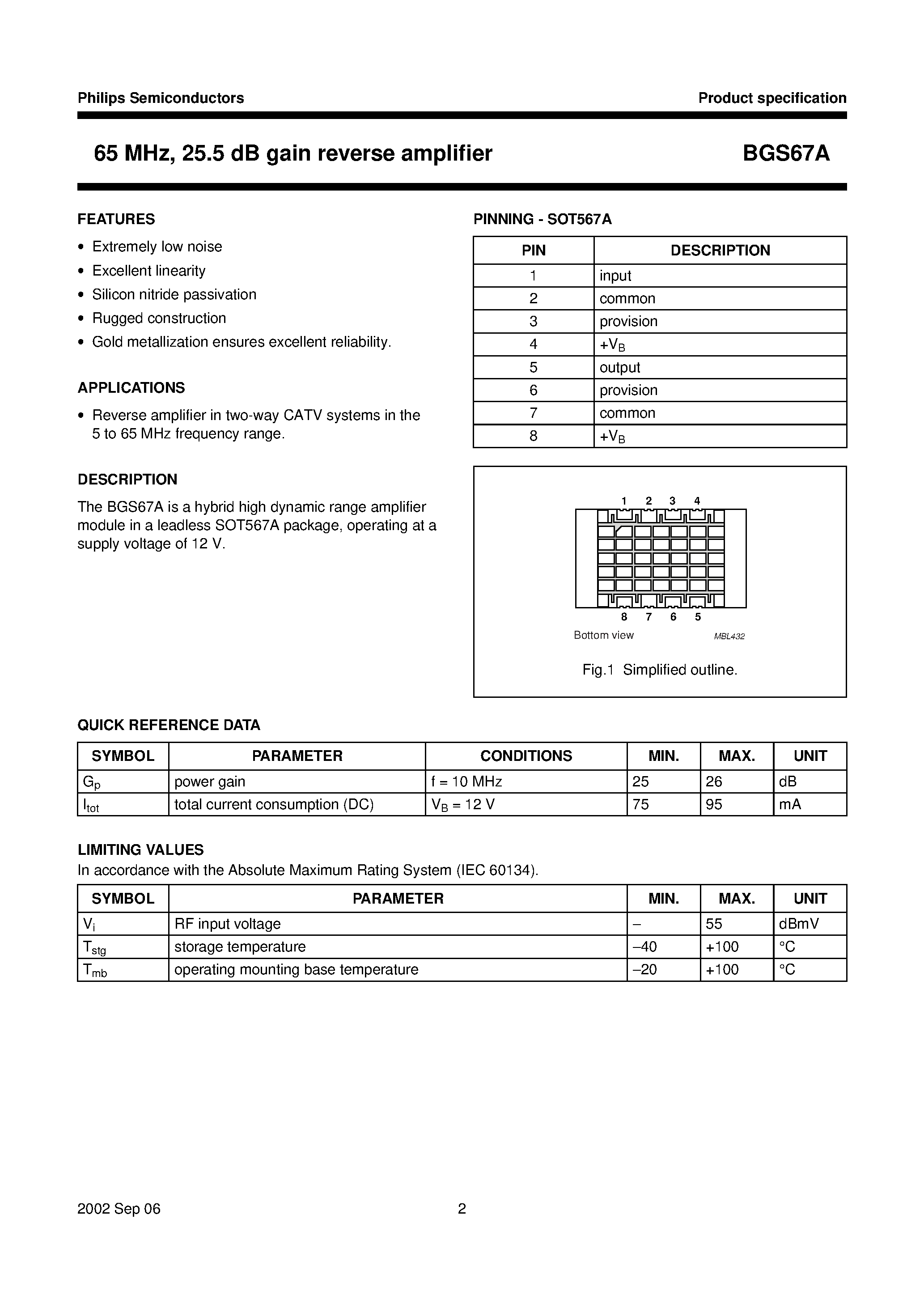 Datasheet BGS67A - 65 MHz/ 25.5 dB gain reverse amplifier page 2