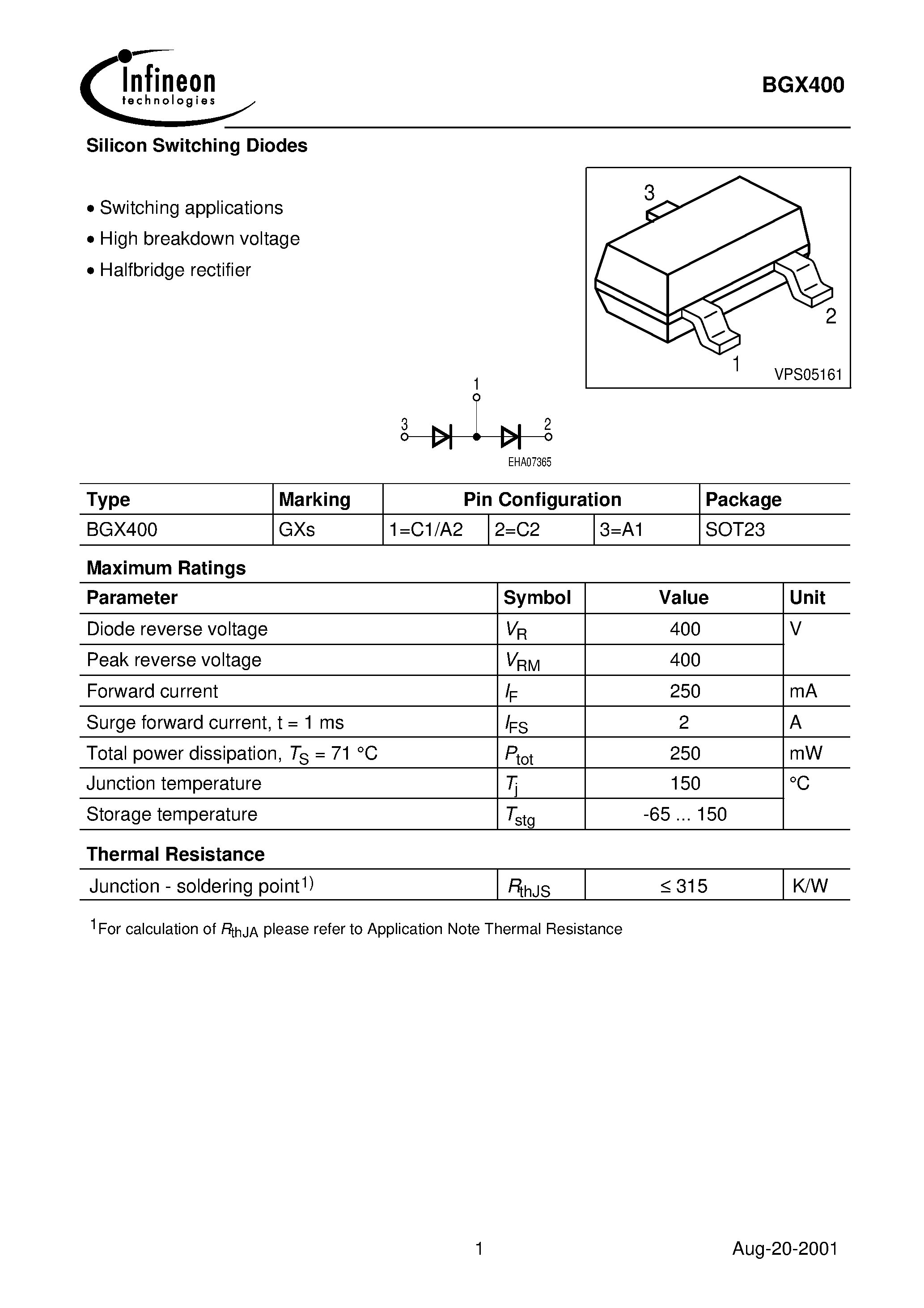 Даташит BGX400 - Silicon Switching Diodes страница 1