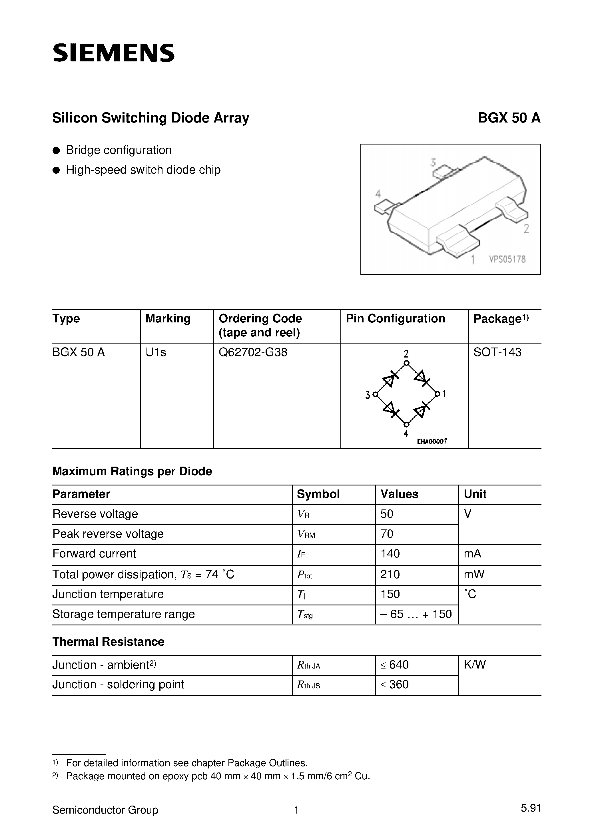 Datasheet BGX50A - Silicon Switching Diode Array (Bridge configuration High-speed switch diode chip) page 1