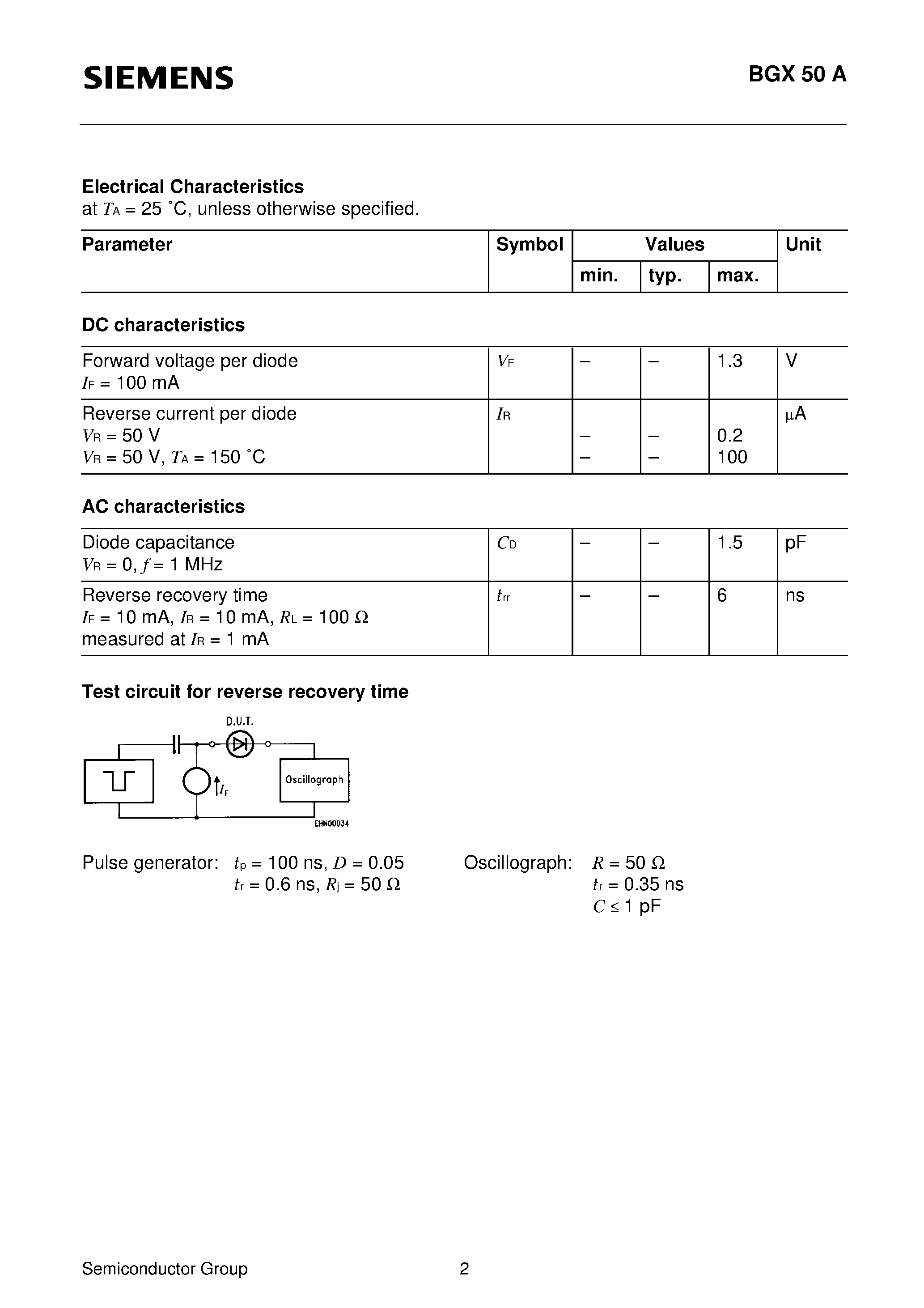 Datasheet BGX50A - Silicon Switching Diode Array (Bridge configuration High-speed switch diode chip) page 2