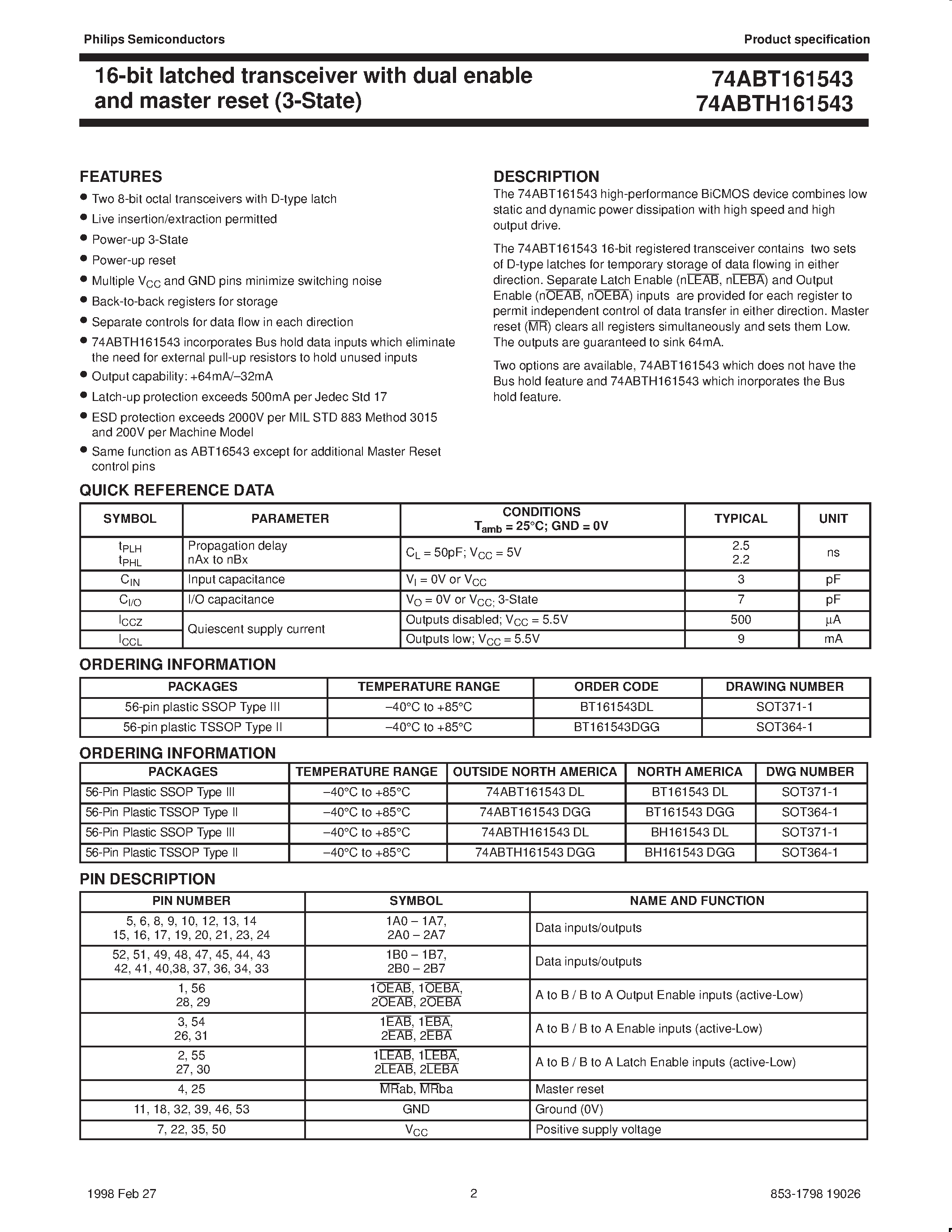 Datasheet BH161543DGG page 2 Datasheet BH161543DGG - 16-bit latched transceiver with dual enable and master reset 3-State page 2