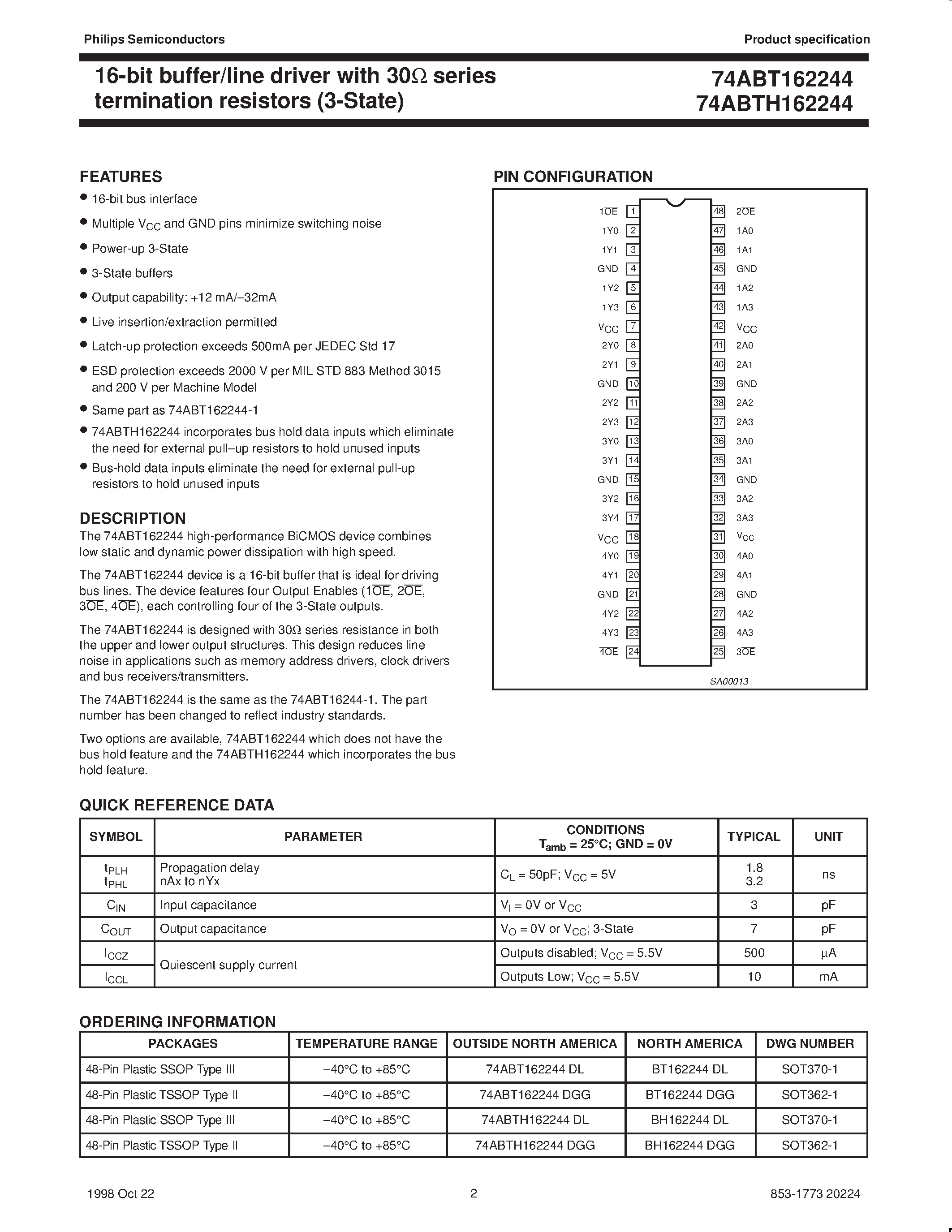 Datasheet BH162244DGG page 2 Datasheet BH162244DGG - 16-bit buffer/line driver with 30ohm series termination resistors 3-State page 2