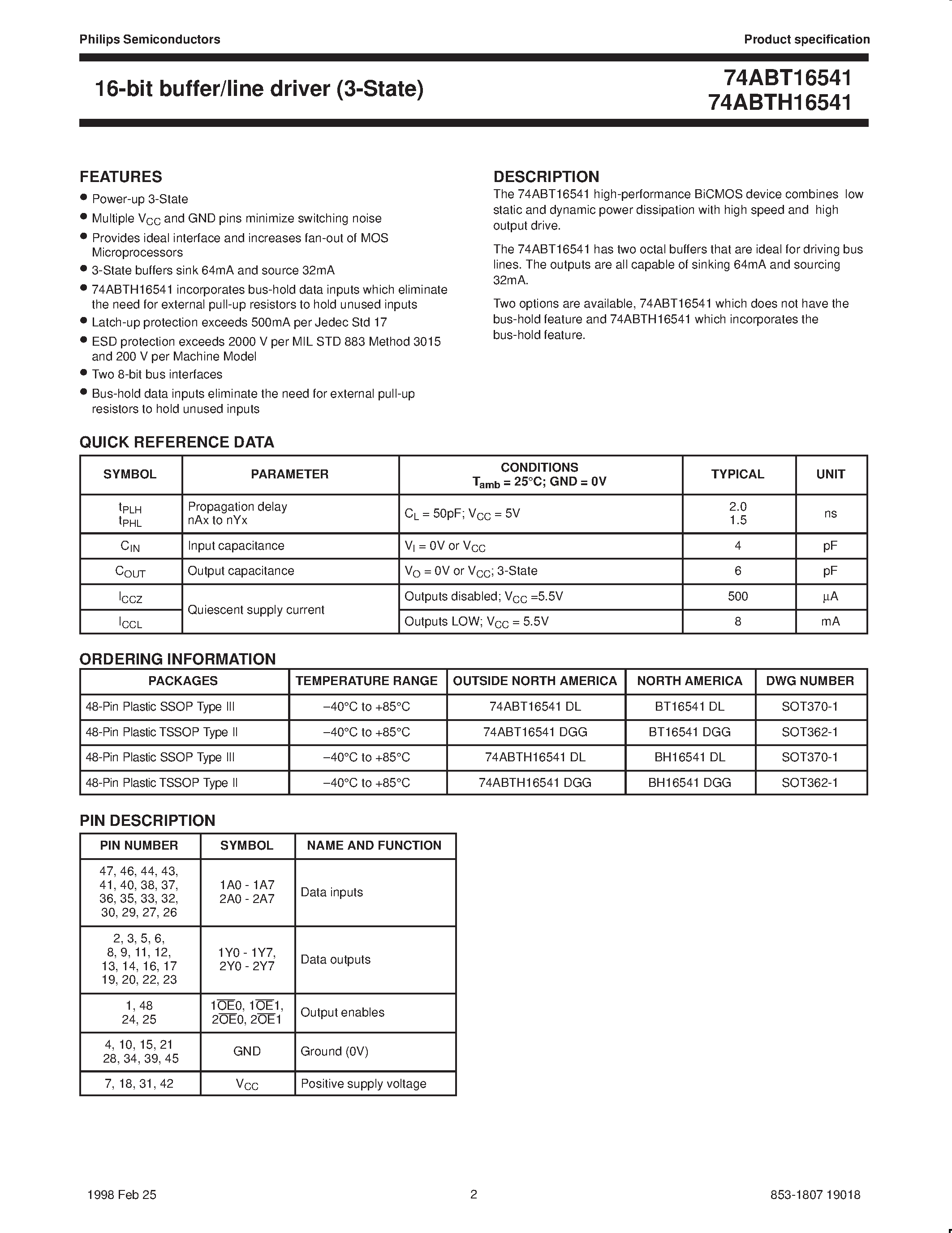 Datasheet BH16541DGG page 2 Datasheet BH16541DGG - 16-bit buffer/line driver 3-State page 2