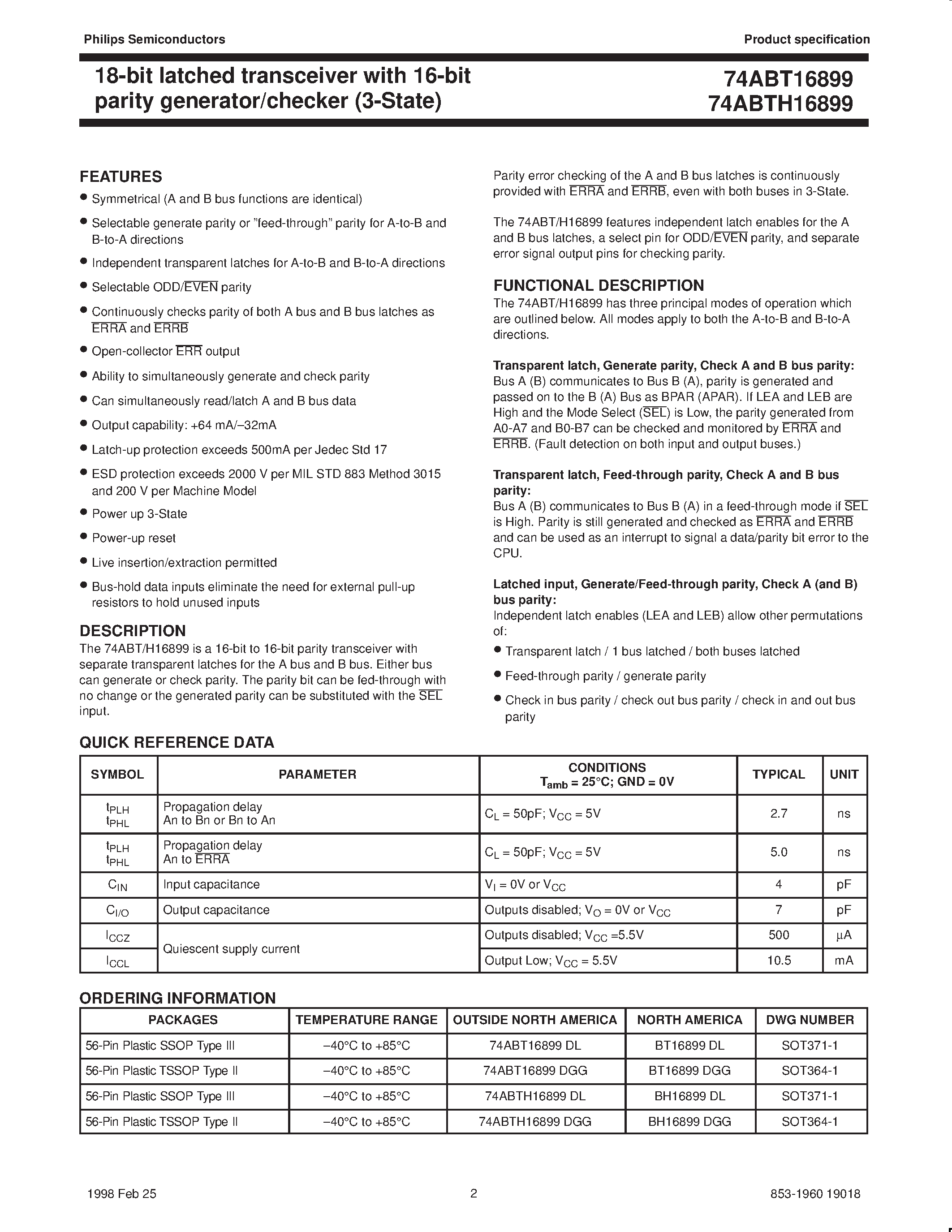 Datasheet BH16899DGG page 2 Datasheet BH16899DGG - 18-bit latched transceiver with 16-bit parity generator/checker 3-State page 2