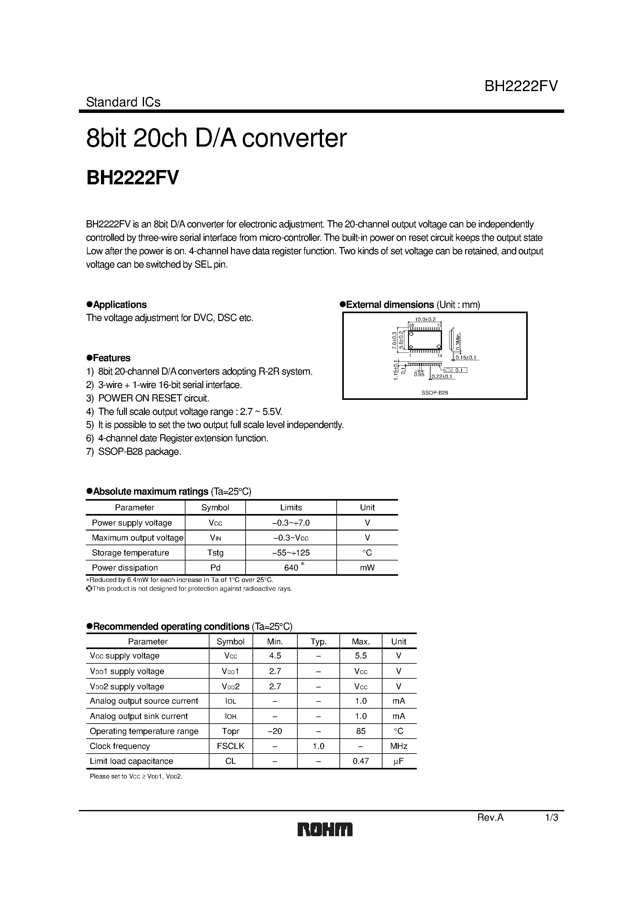Даташит на микросхему BH2222FV страница 1 Даташит BH2222FV - 8bit 20ch D/A converter страница 1
